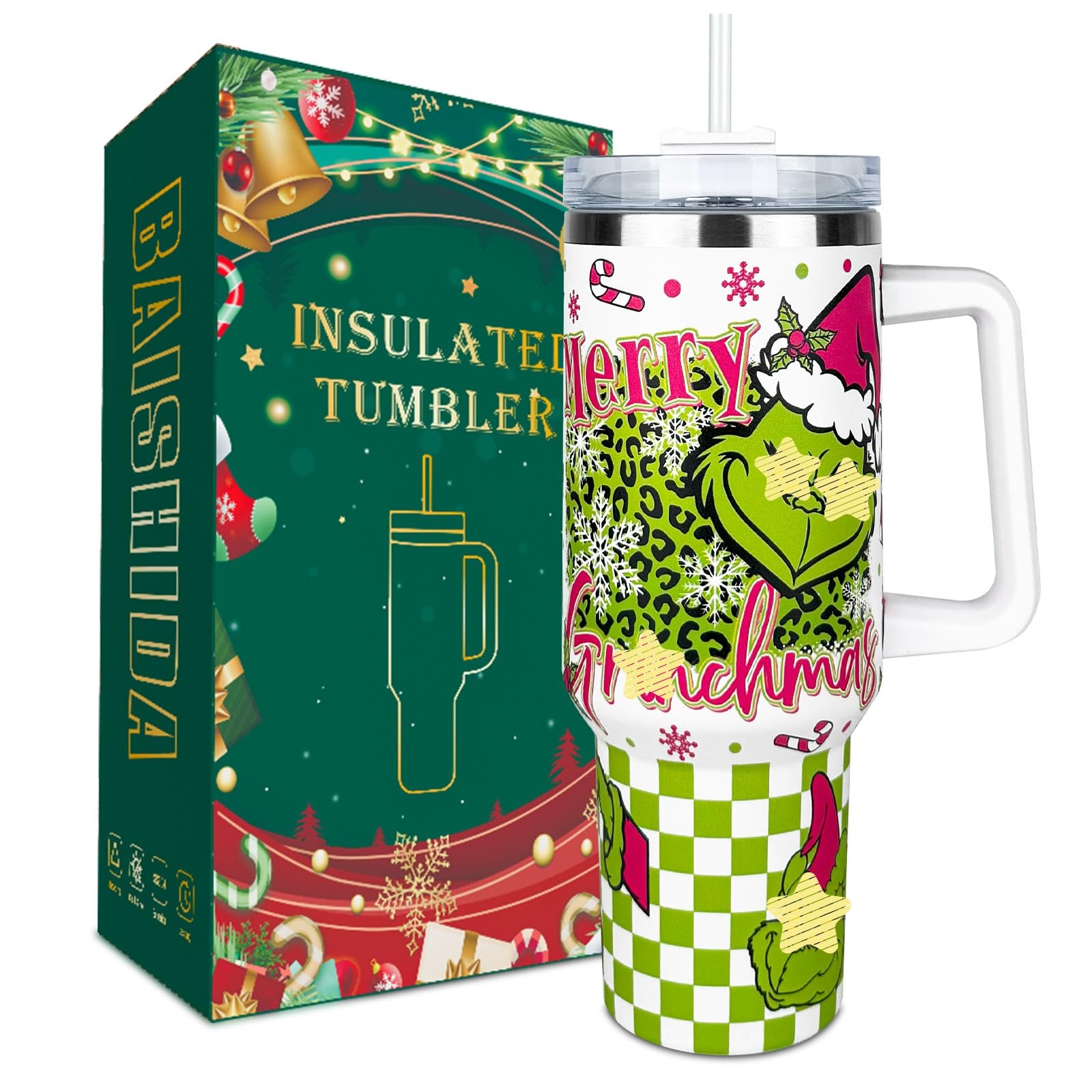 BAISHIDA 40oz Christmas Grin chi Tumbler with Lid and Straw, Stainless Steel Tumbler with Handle and Straw, Car Mug Sports Trave