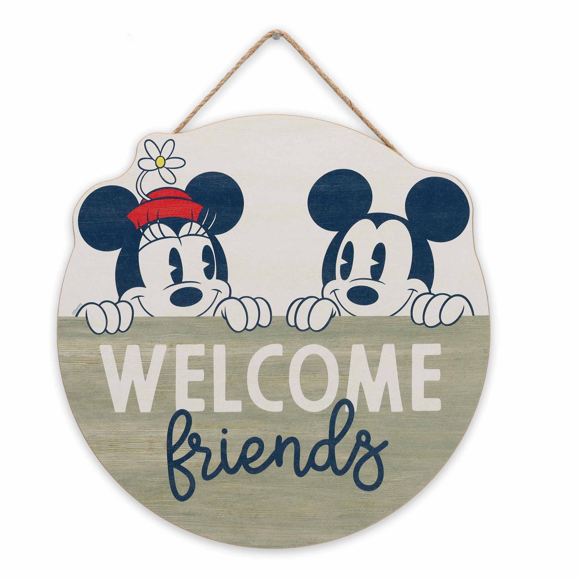Open Road Brands Disney Mickey Mouse and Minnie Welcome Friends Round Hanging Wood Wall Decor - Cute Mickey Mouse Sign for Home 