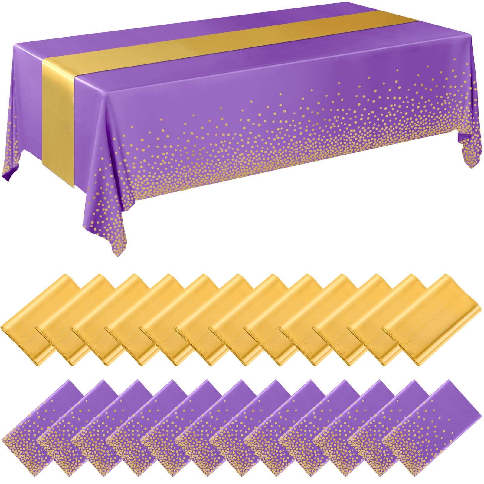 Breling 24 Pack Purple and Gold Disposable Plastic Tablecloths and Satin Table Runner Set, 54 x 108 Inch Tablecloth, 12 x 108 In