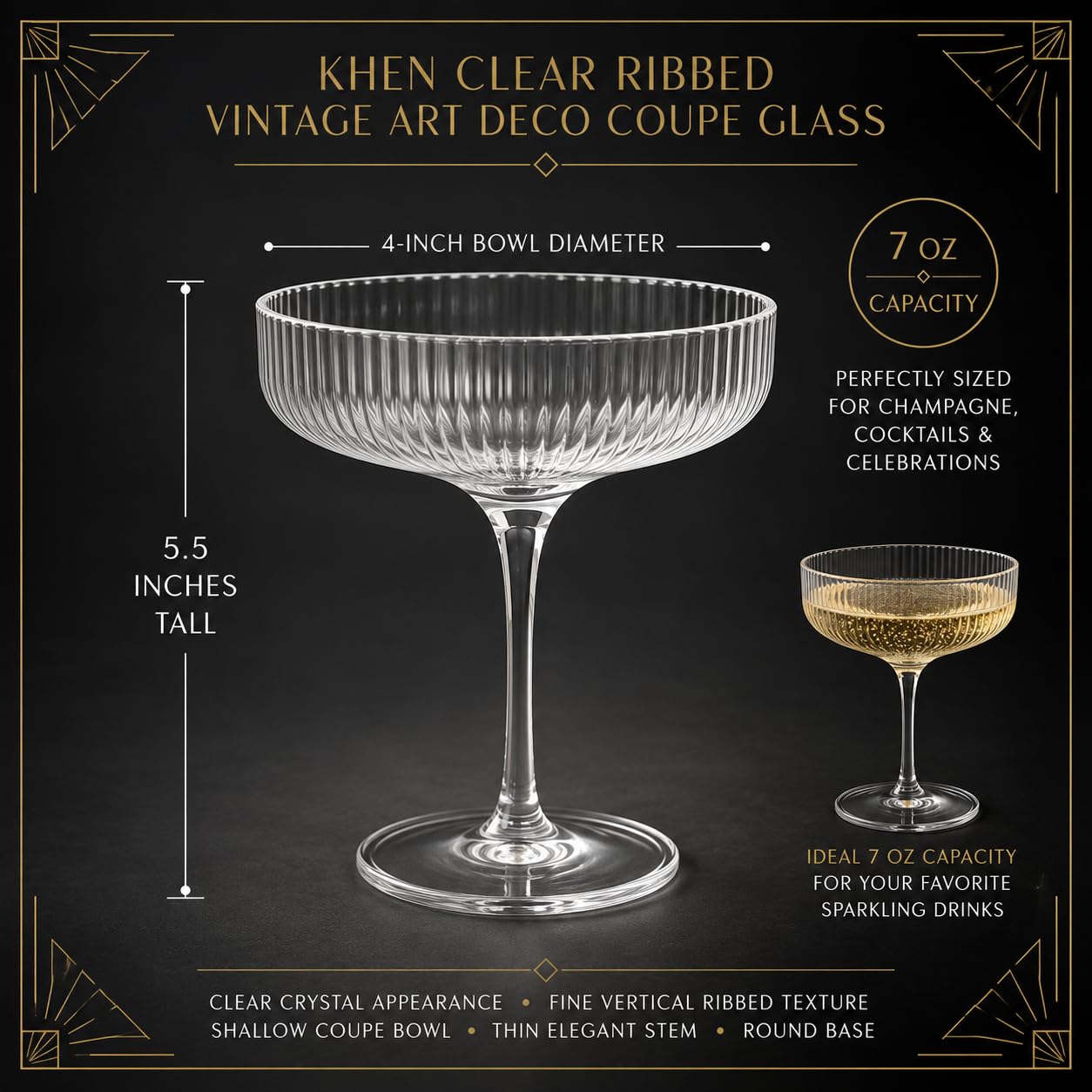 Como Ribbed Champagne Coupe Cocktail Glassware, Set of 12