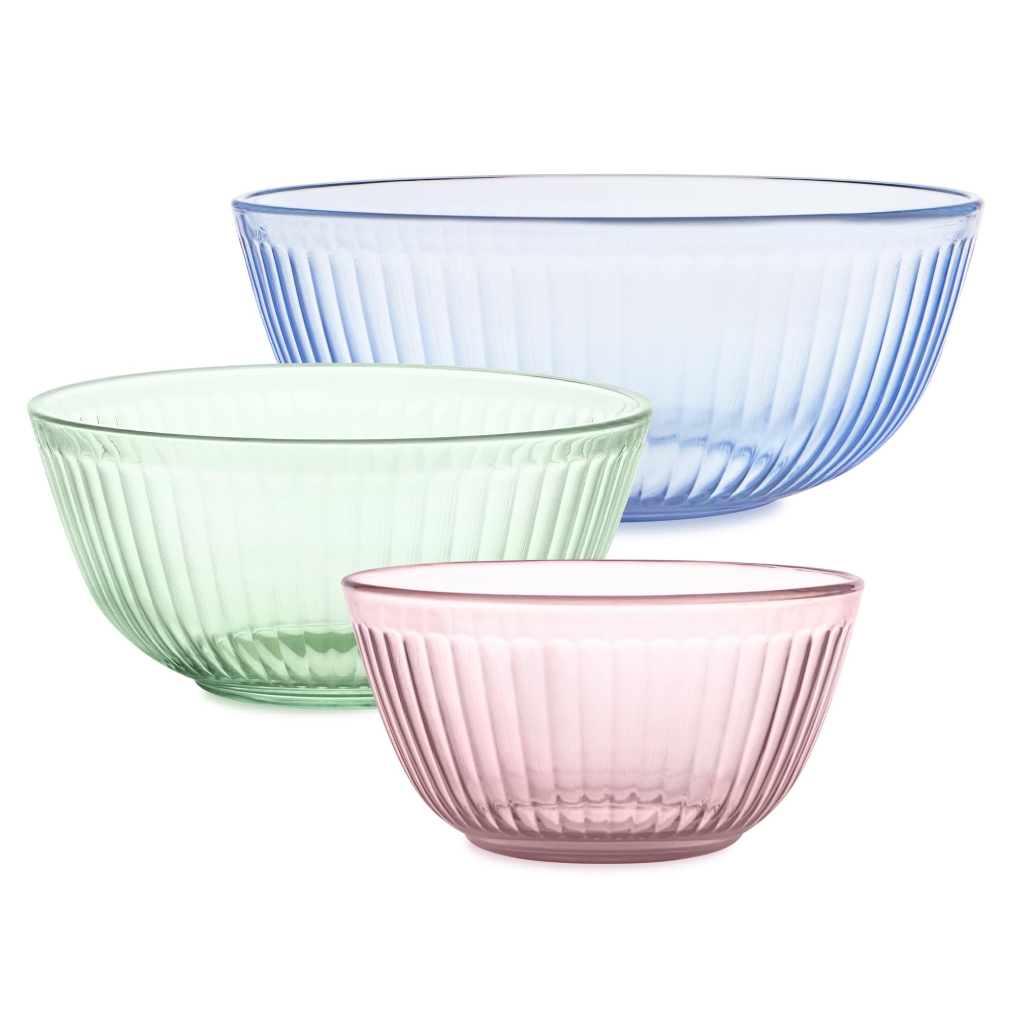 Pyrex Colors Tinted (3-Pack) Sculpted Tinted Unlidded Small/Medium/Large Glass Mixing Bowls, Nesting Space Saving Set of Bowls F