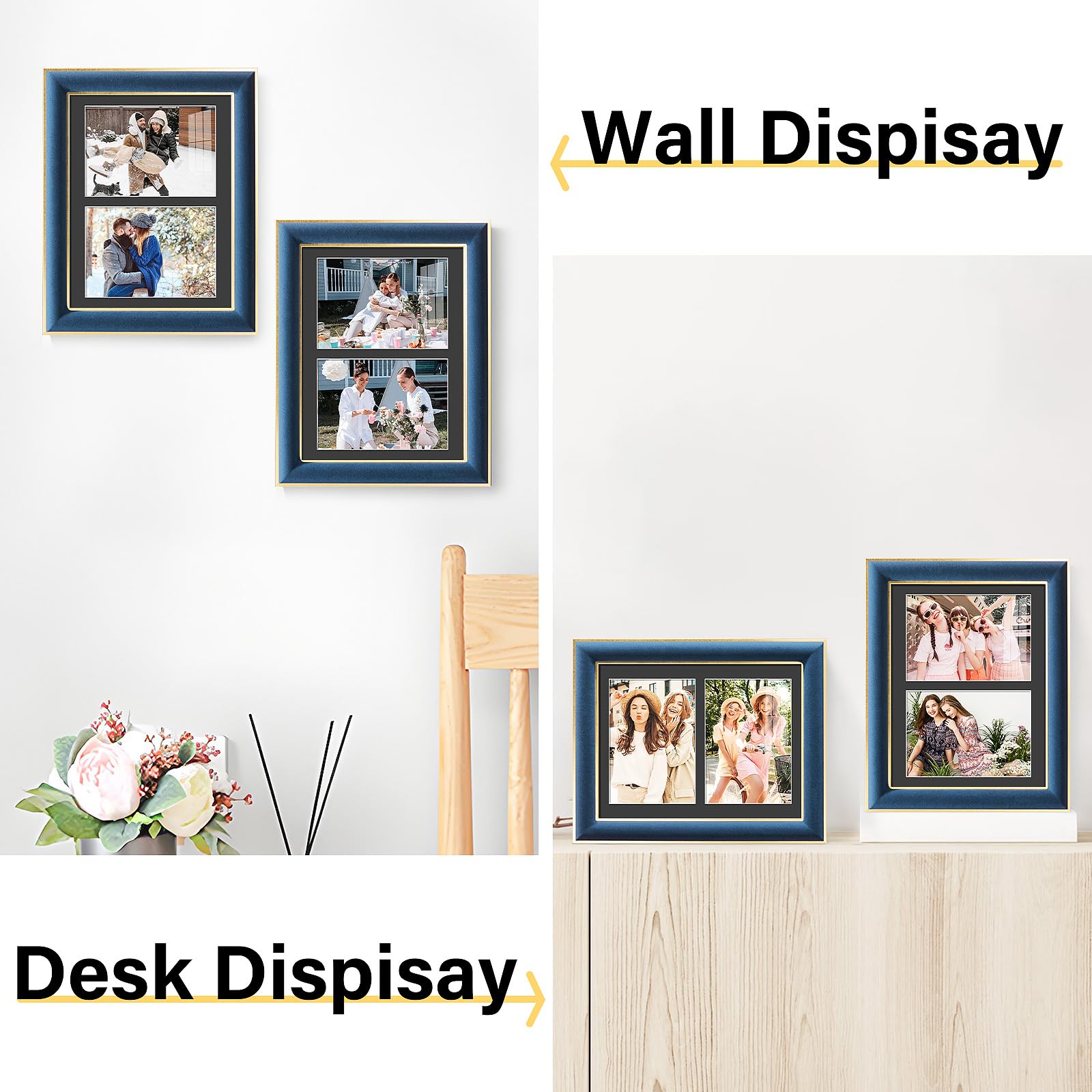 KSROECUD 8.5x11 Velvet Picture Frame with 2 Openings 5x7 Pictures, HD Real Glass Navy Blue Velvet Photo Frame with Black White B