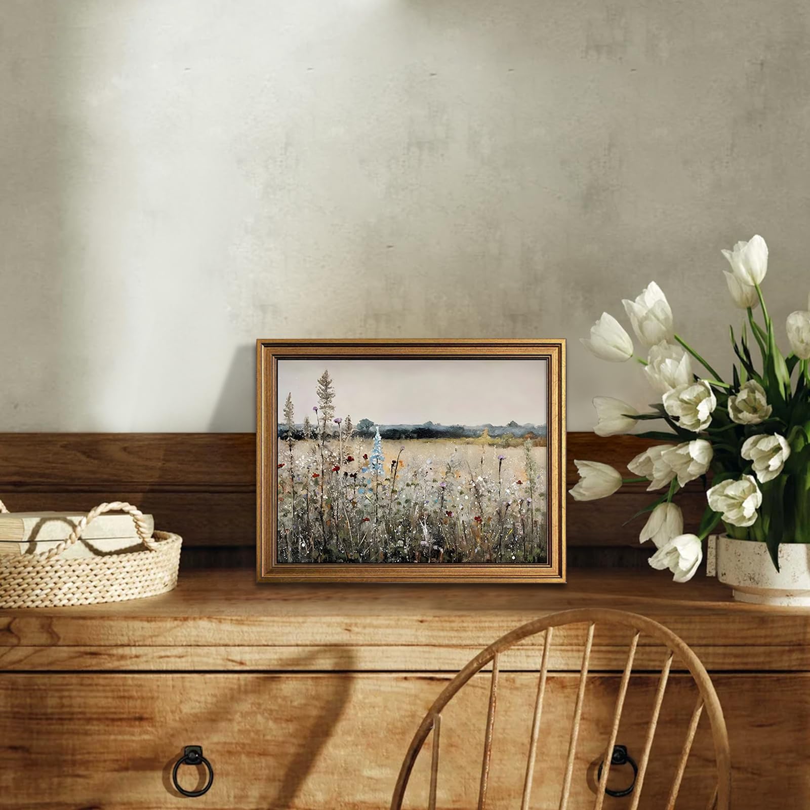 Kbkbart Gold Framed Canvas Print Wall Art, Vintage Wall Art Wildflower Field Vintage Print, Neutral Country Meadow Landscape Nat