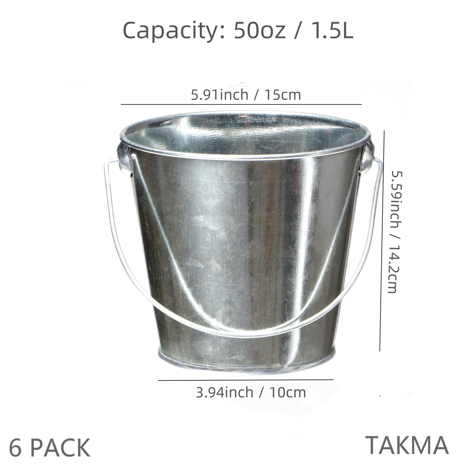 Takma Galvanized Tin Metal Buckets With Handle - 6 Pack 6 Inch Iron Pail, Easter Bucket,Pencil Holder And Flower Pots,Craft Supp