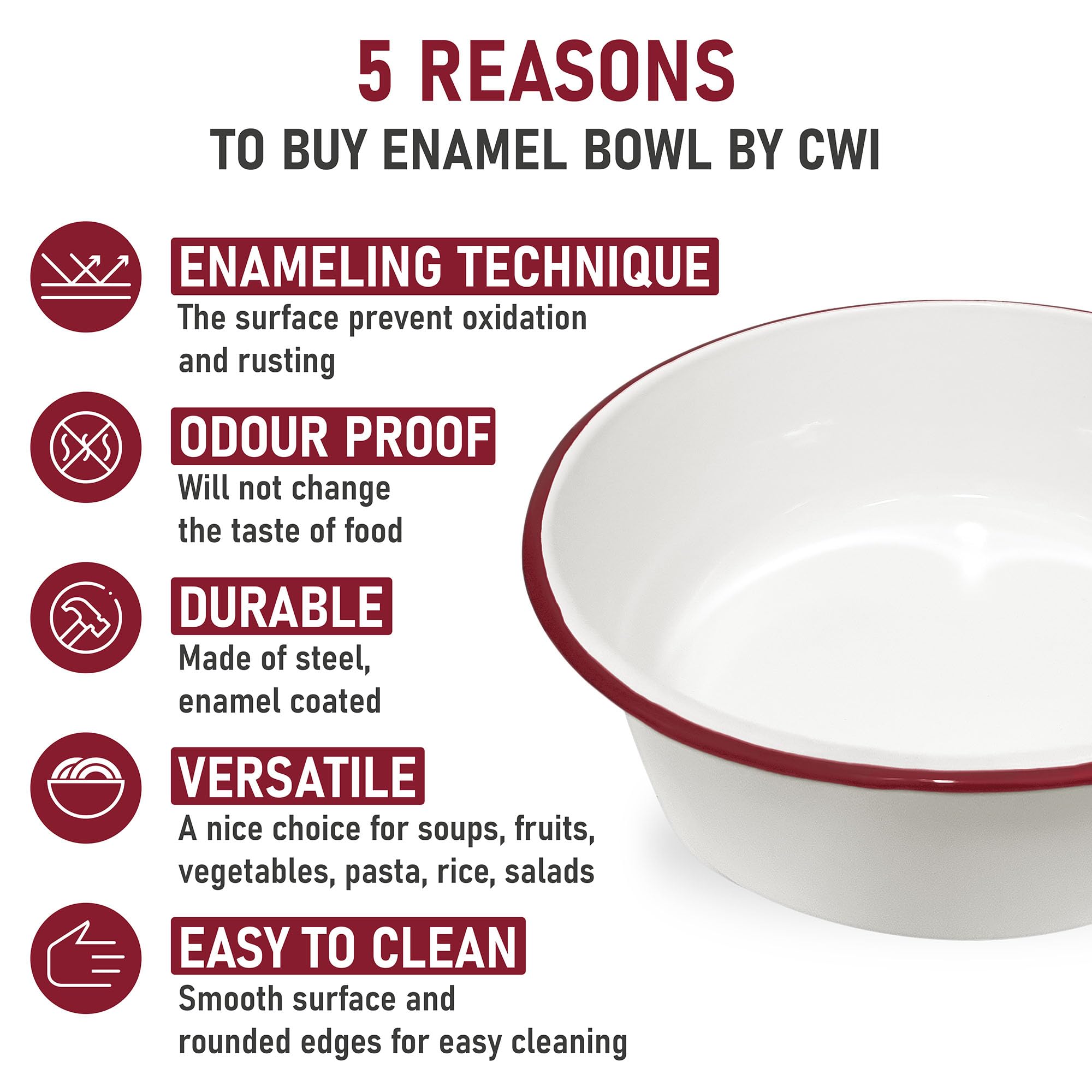 Large Mixing Bowl for Kitchen - Essential White Steel Dish with Red Trim for Salad  Batter  Cream - Great for Serving and Marinating - Dishwasher & Freezer Safe