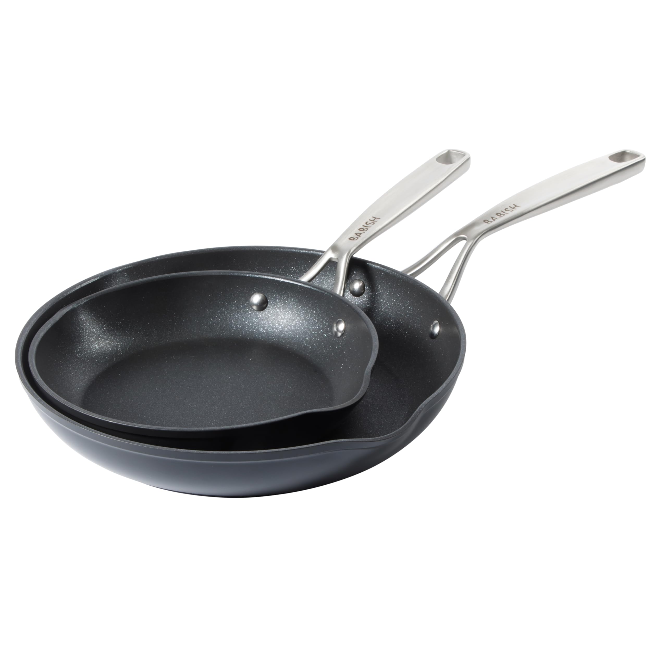 Babish 2 Piece 8 and 10 Inch Fry Pan Hard Anodized Laser Titanium Forever Non Stick Technology Durable Frying Pans Set  Black