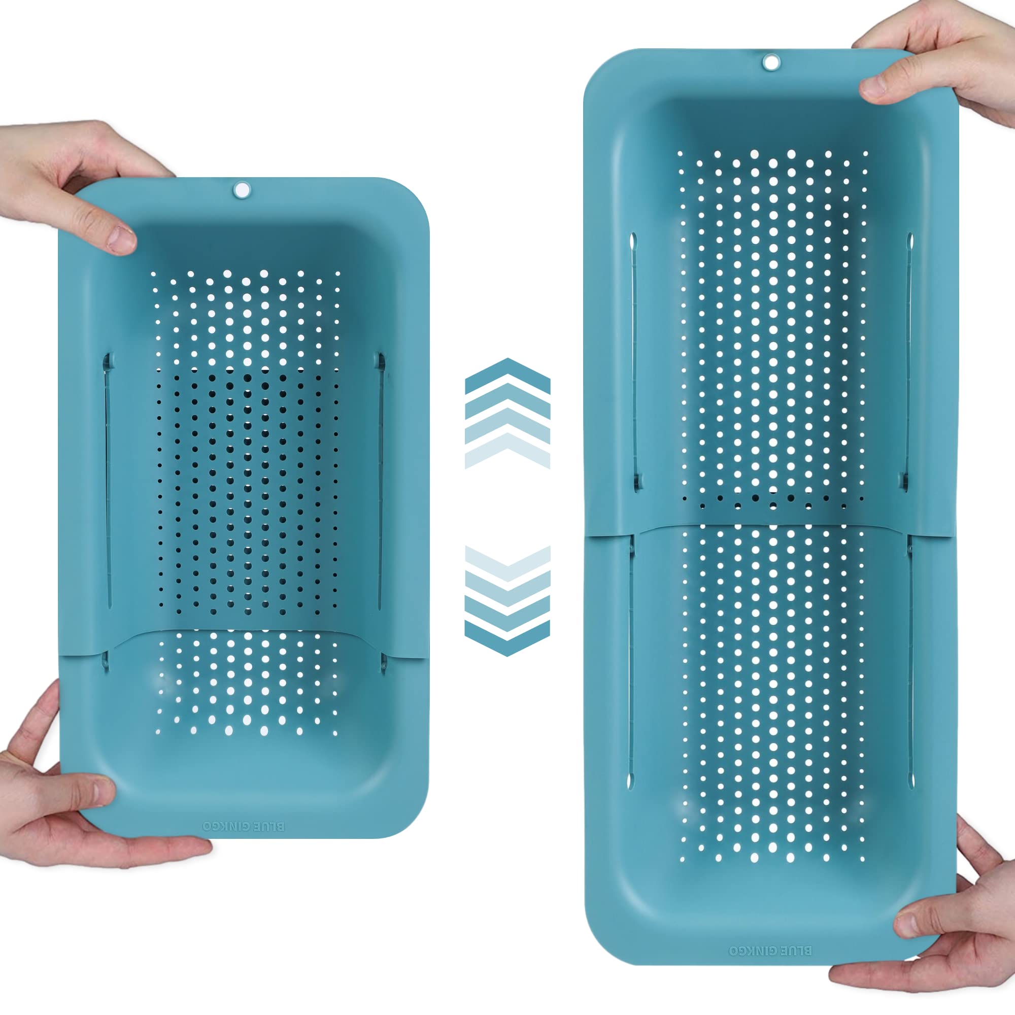 Blue Ginkgo Over The Sink Colander Strainer Basket - Wash Vegetables And Fruits, Drain Cooked Pasta And Dry Dishes - Extendable