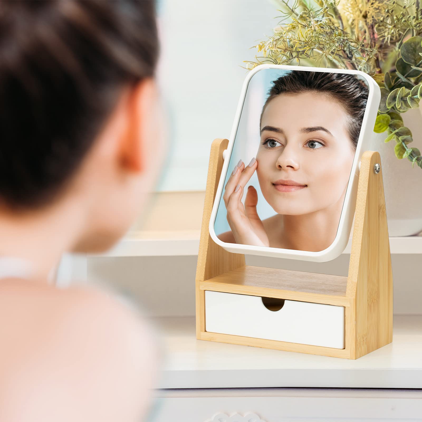 Yeake Vanity Makeup Mirror With Storage, 1X/3X Double Sided Magnifying Mirror With Adjustable Natural Bamboo Stand,Portable Smal