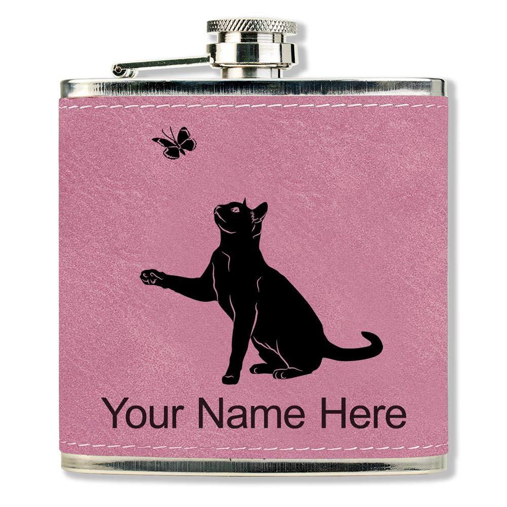 Faux Leather Flask, Cat with Butterfly, Personalized Engraving Included (Pink)