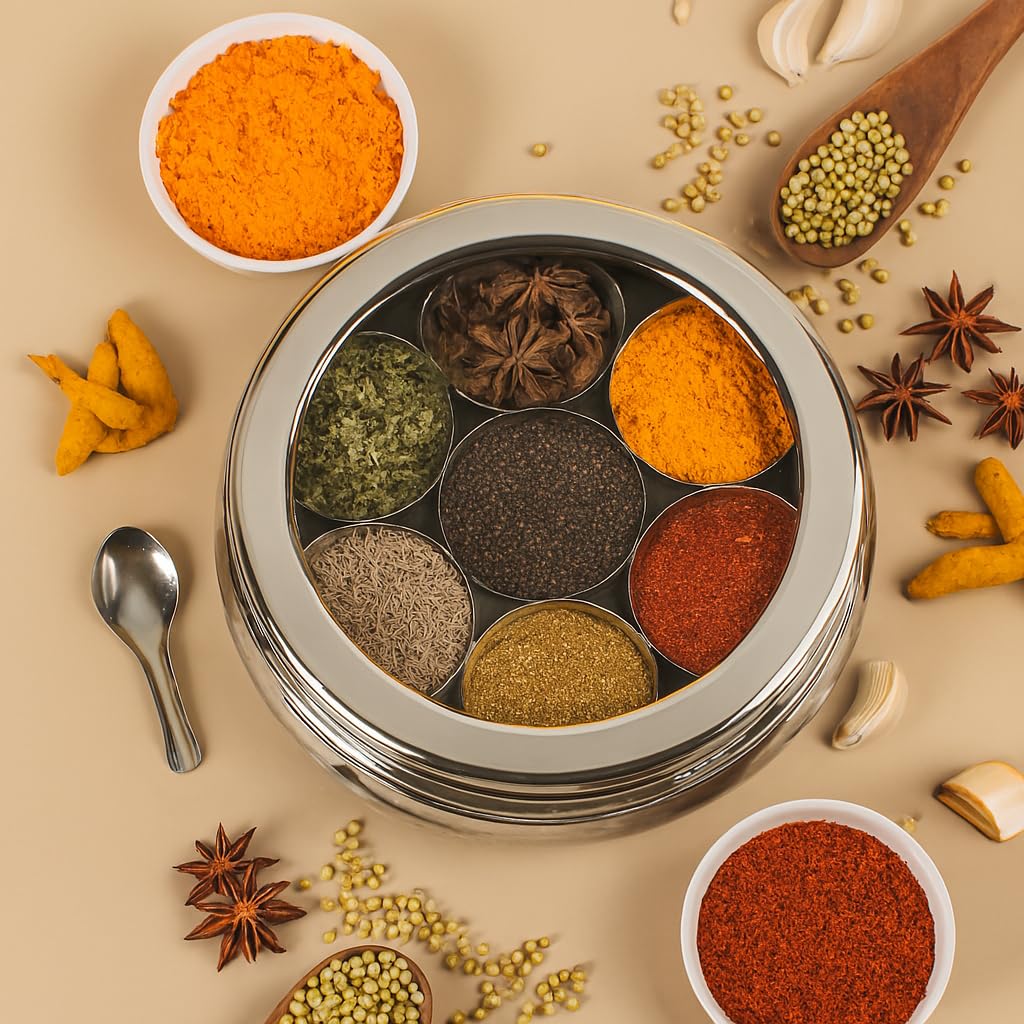 Smartmaison Stainless Steel Belly Shape Masala (Spice) Box/Dabba/Organiser With See Through Lid With 7 Containers (140 Ml) And S