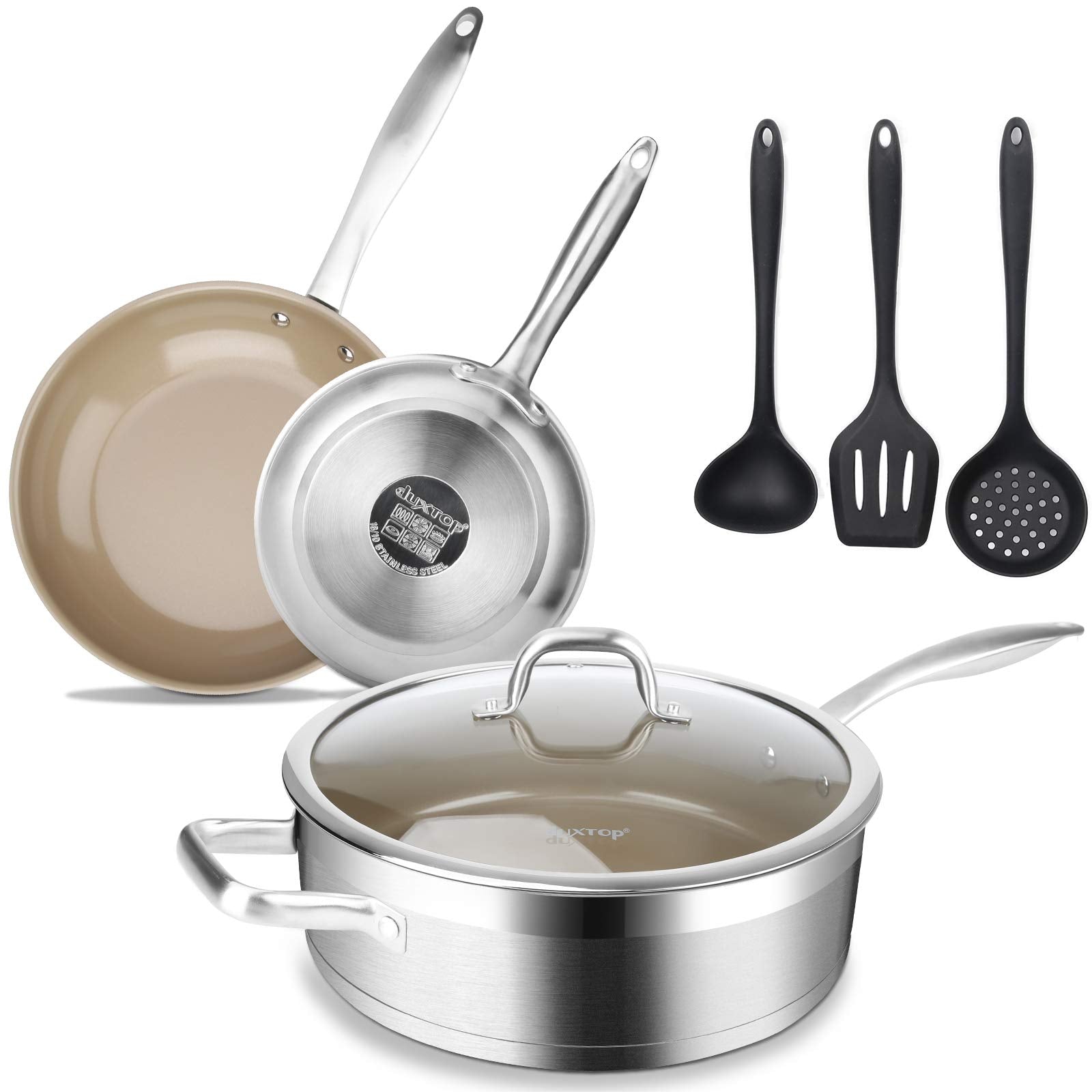 Duxtop 7PC Stainless Steel Ceramic Coated Nonstick Pans Set, Induction Frying Pans, Non-stick Saute Pan with Lid, Impact-bonded 