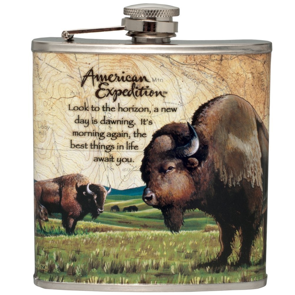 American Expedition Stainless Steel Hip Flask American Bison Buffalo Wildlife Scene