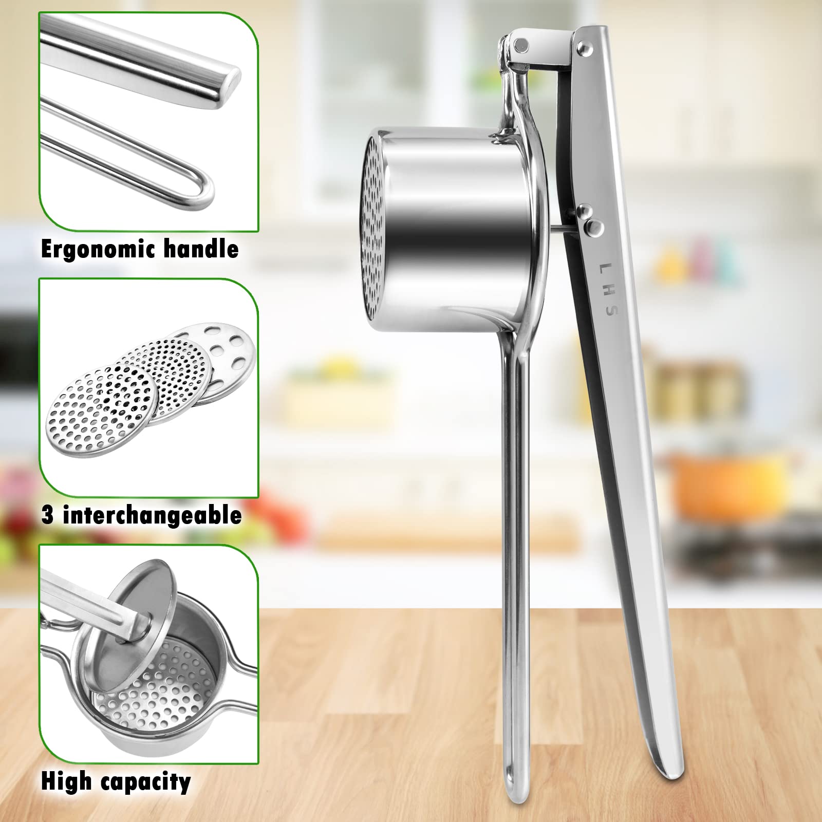LHS Potato Ricer and Masher, Heavy Duty Stainless Steel, 34x12x9 cm, Silver, Model 101126 for Smooth Mashed Potatoes and Puree