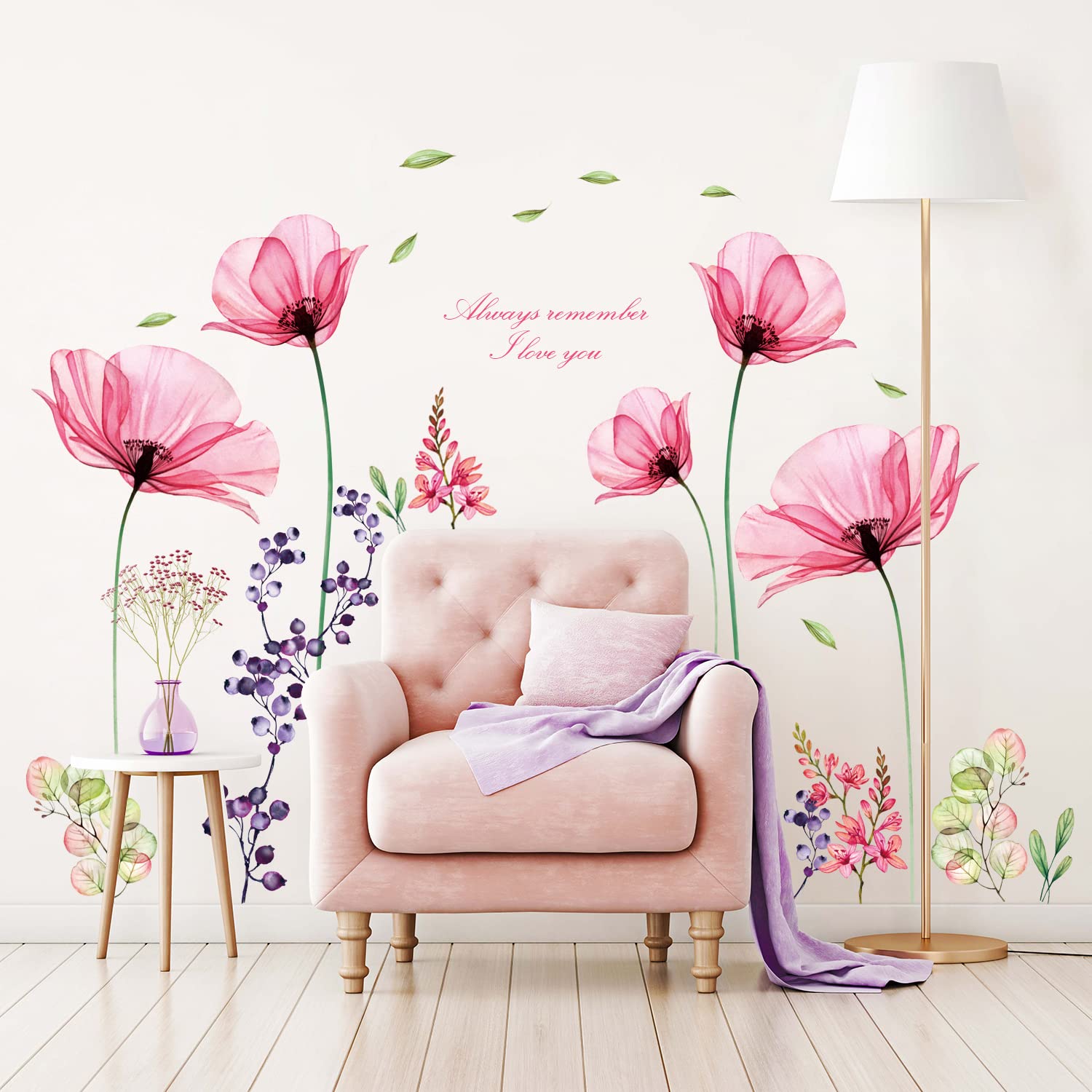 Bashom Sg2-106 X-Ray Pink Flowers Wall Decals Stickers Floral Vintage Wild Living Room Murals Peel And Stick Girls Bedroom Remov