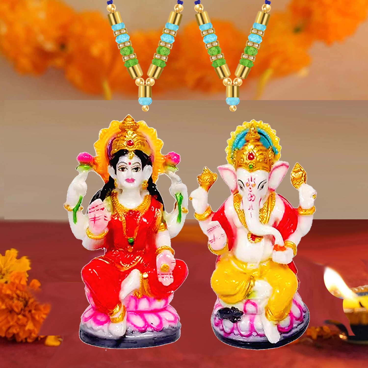 Kitlyn Laxmi Ganesh Handpainted Resin Fiish Murti For Pooja Room,Diwali&Gift, Mala Set Decorative Showpiece - 12 Cm (Resin, Mult
