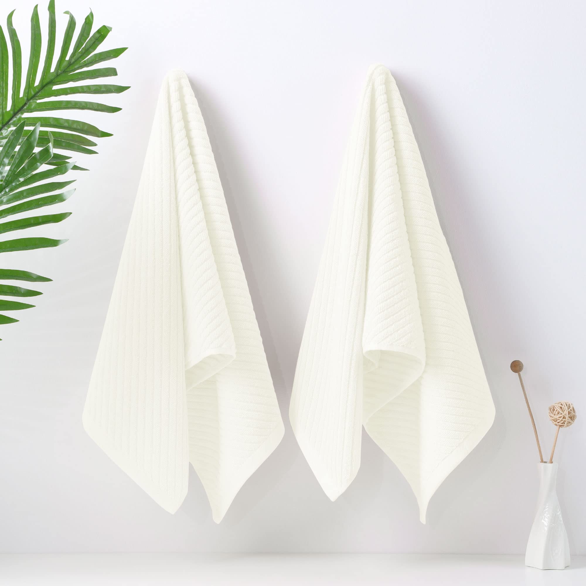 Piccocasa Set Of 2, White Ribbed Hand Towels For Bathroom 13 X 29 Inch 100% Cotton Soft Absorbent Soft Feeling Fast Drying Towel