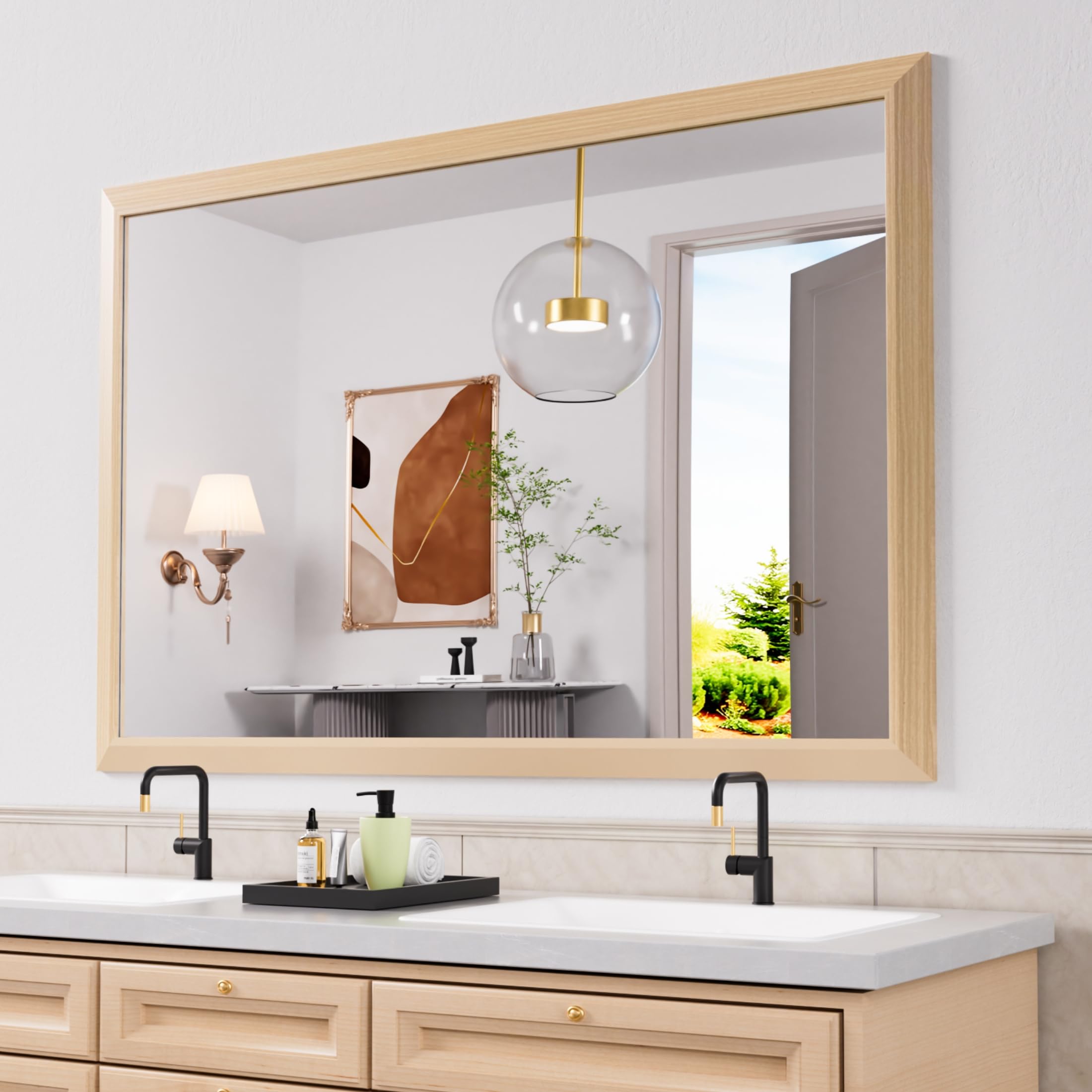Amorho Bathroom Mirror, 60 X40 Inch Wall Mirror, Oak Wood Grain Metal Framed, Anti-Rust, Hang Horizontally/Vertically, Suitable 