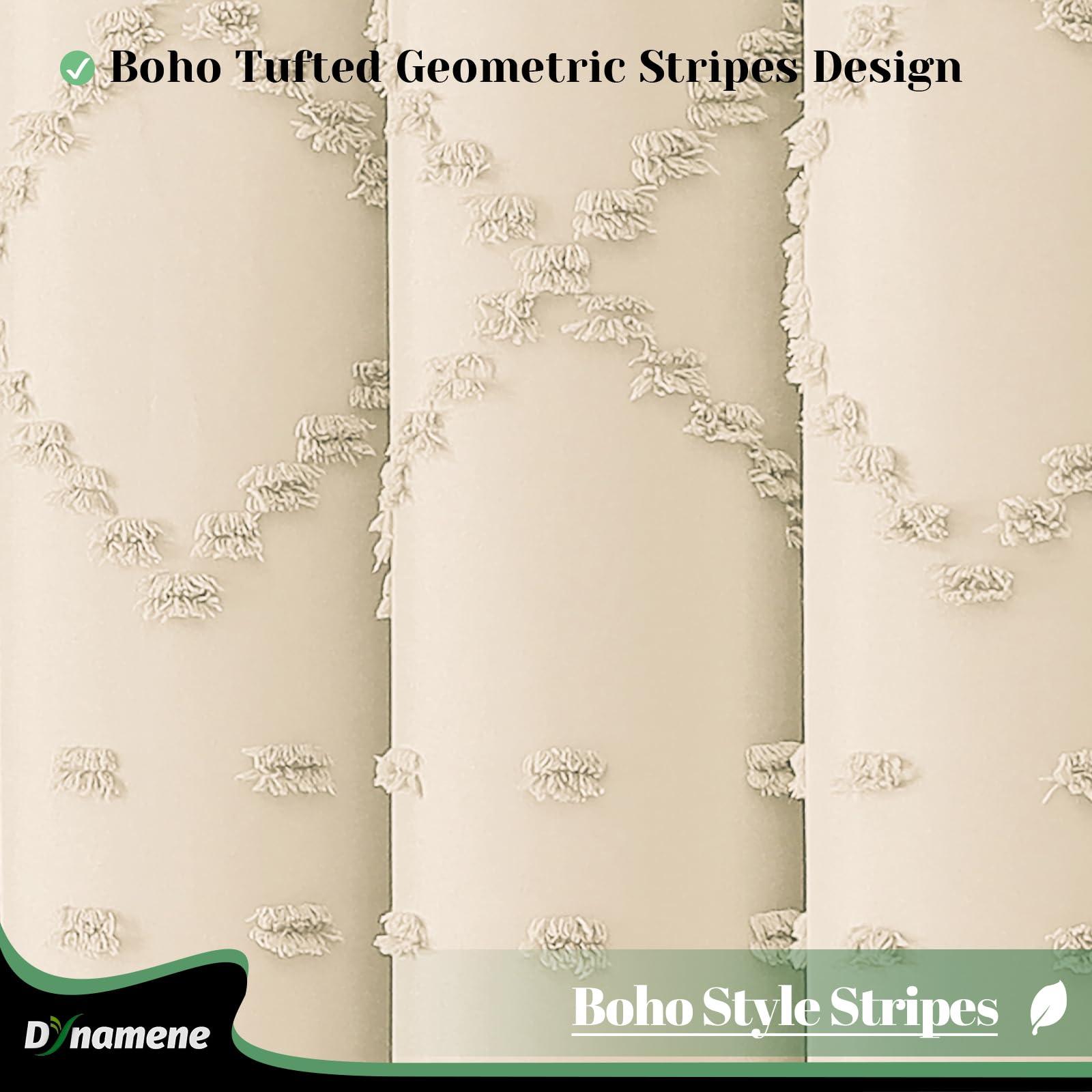 Dynamene Beige Fabric Shower Curtain, Boho Tufted Geometric Striped Tassel Shower Curtain For Bathroom, Shabby Chic Textured Mod