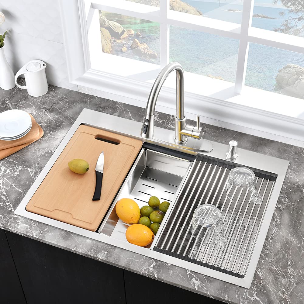 25 Inch Drop In Kitchen Sink Workstation-Hovheir 25X20X10 Stainless Steel Kitchen Sink Drop In Top Mount 16 Gauge Deep Single Bo