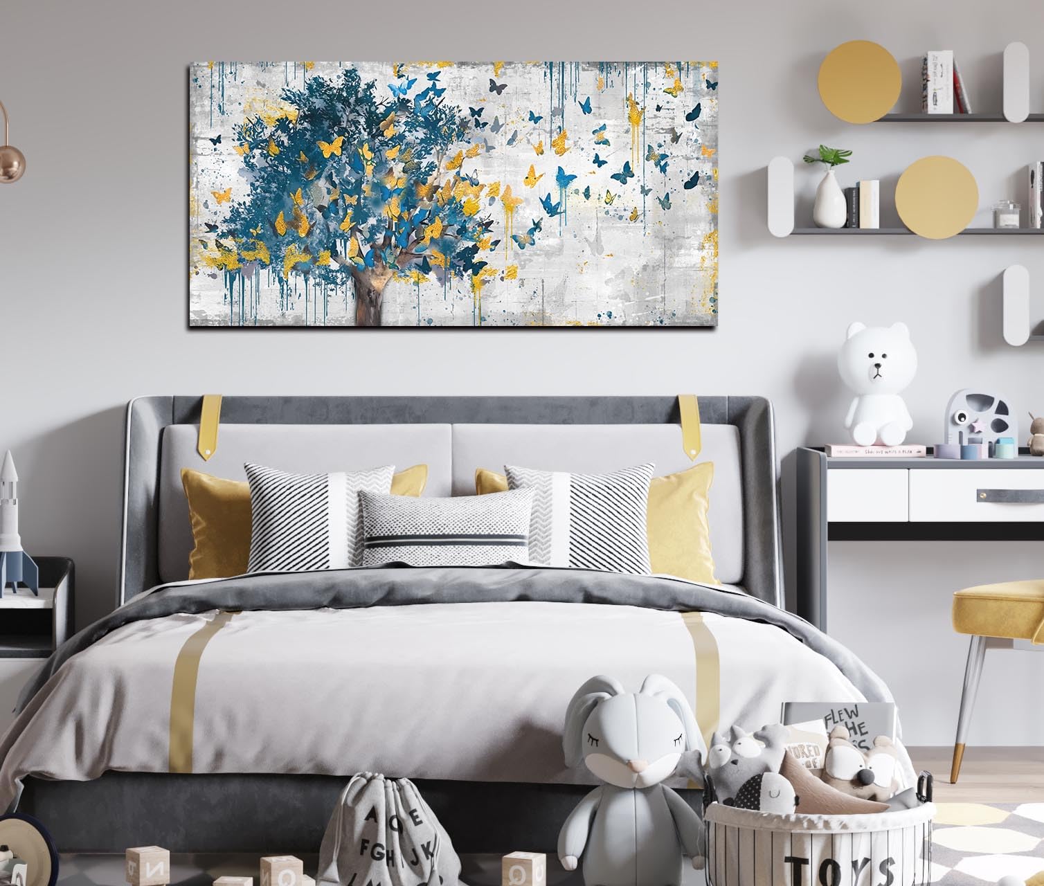 Kepgonegu Large Canvas Wall Art Blue Tree Golden Butterflies Picture Abstract Grey Graffiti Canvas Prints Ready To Hang For Livi