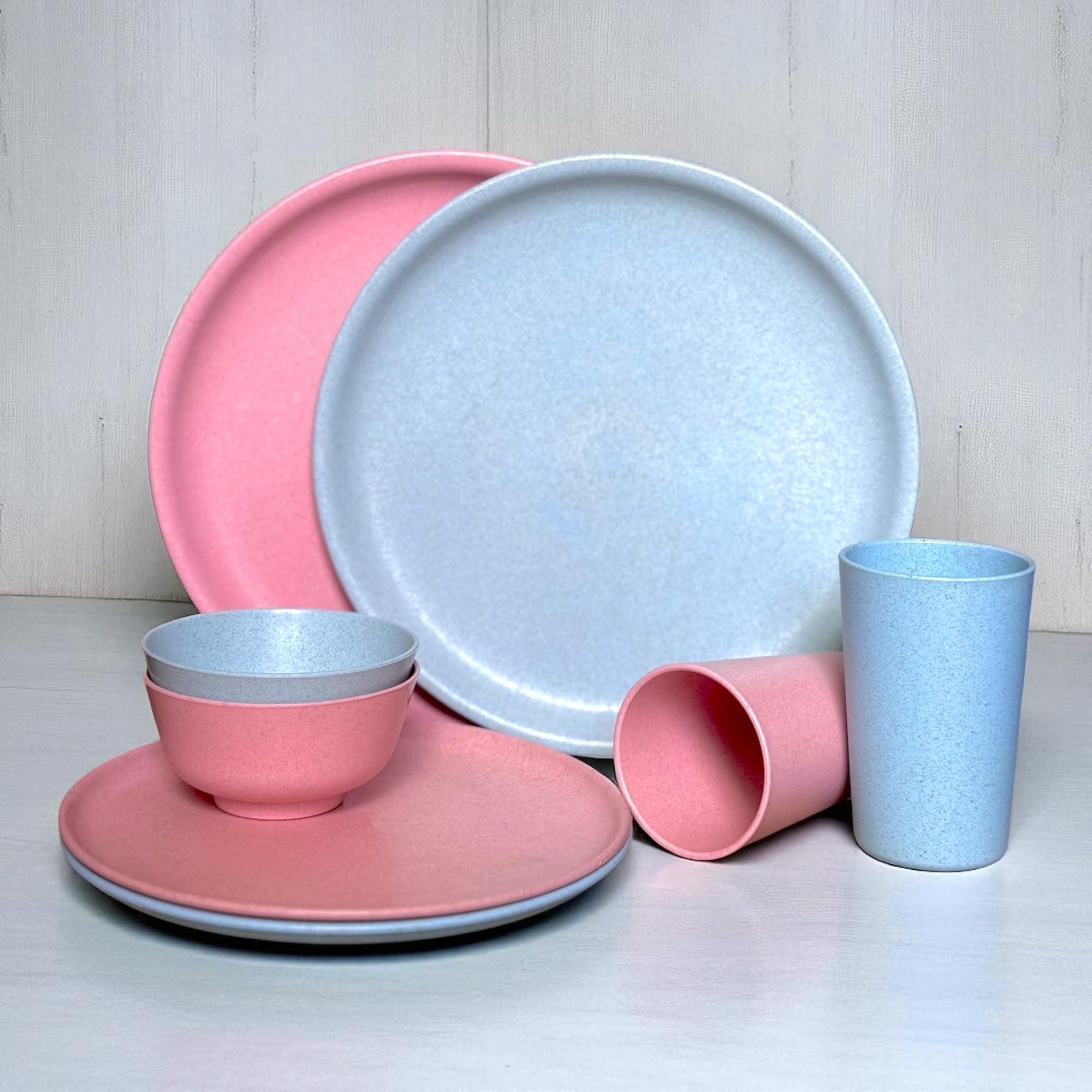 Happy Cove Eco Friendly 8Pc Couple Dinner Set - Rice Husk, Wheat Straw, Bamboo Fibre - Microwave Safe Bowl Set, Plates Set And G