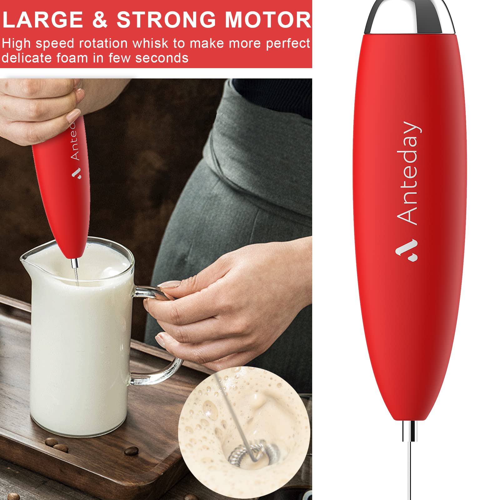 Electric Milk Frother Handheld For Coffee  Upgraded Motor Electric Whisk Durable Low Noise Mini Drink Mixer Portable Foam Maker For Cold Milk Bulletproof Coffee Latte Cappuccino Matcha in Kitchen  Red