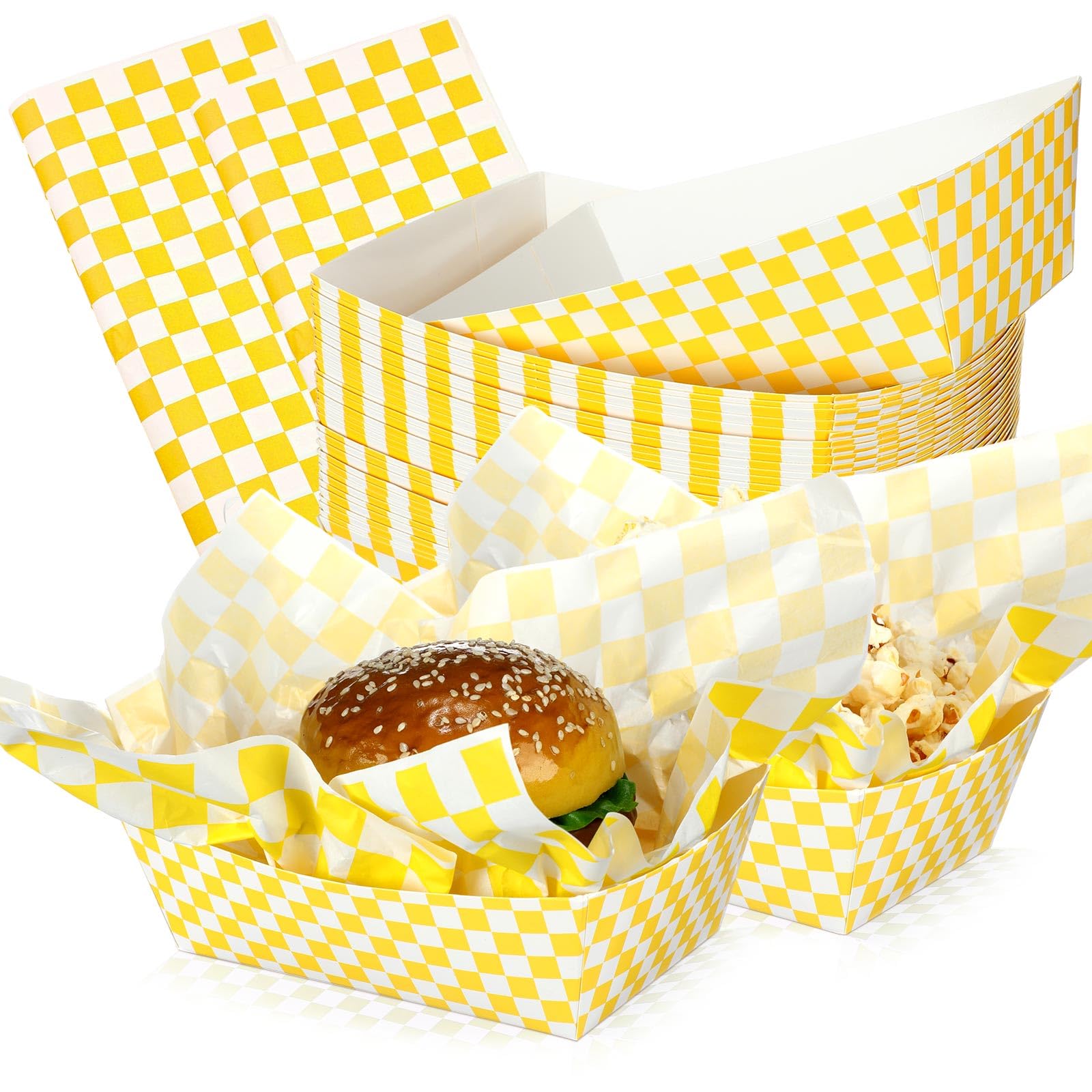 Geosar 100 Pcs Gingham Party Supply Disposable Paper Food Tray Bulk Disposable Food Boat with Checkered Wax Paper Sheet Checkere