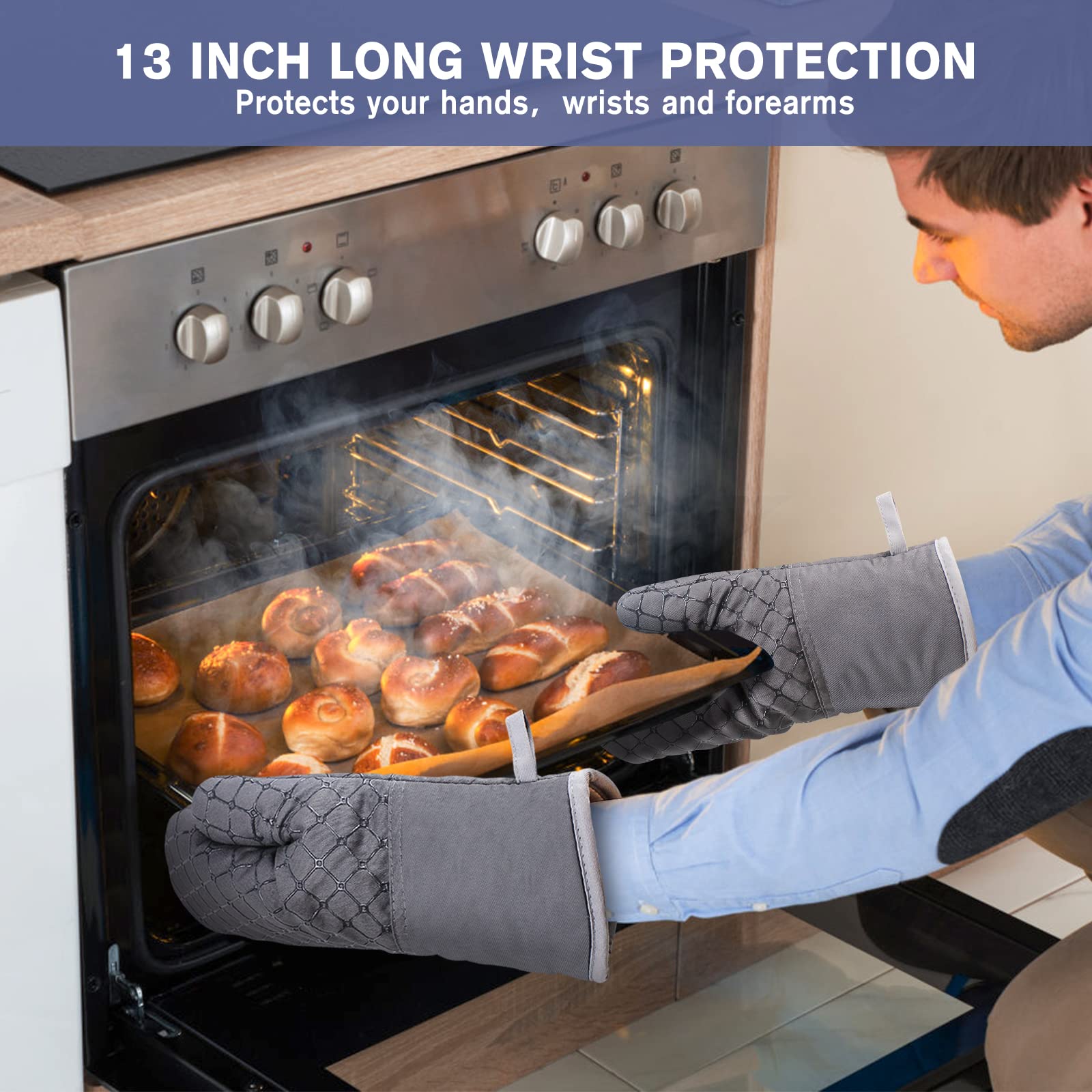 Ixo 6Pcs Oven Mitts And Pot Holders, 500? Heat Resistant Oven Mitts With Kitchen Towels Soft Cotton Lining And Non-Slip Silicone