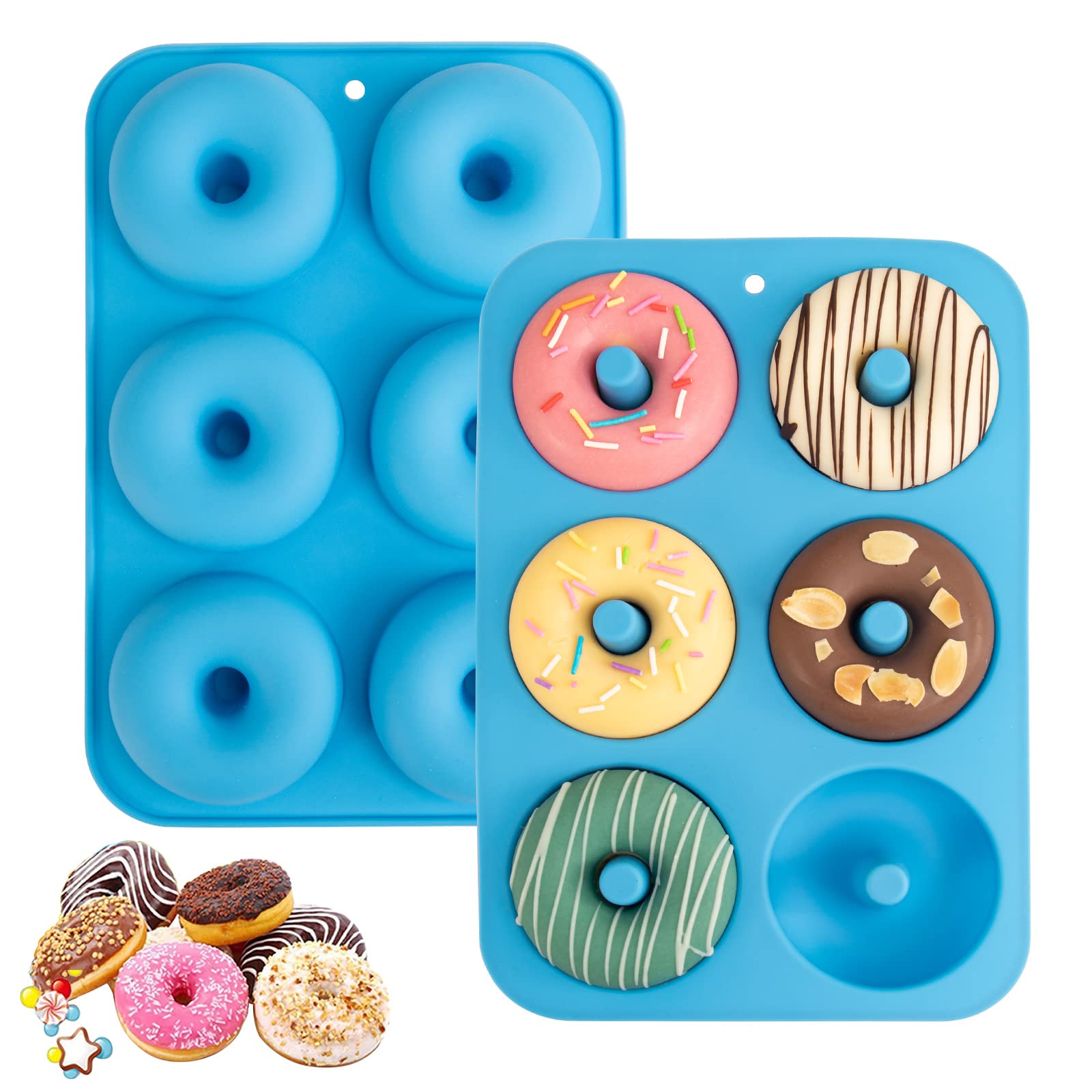 Aichoof Silicone Donut Mold For 6 Doughnuts, Set Of 2. Food Grade Lfgb Silicone Bagels Baking Pan, Non-Stick, Dishwasher Safe, H