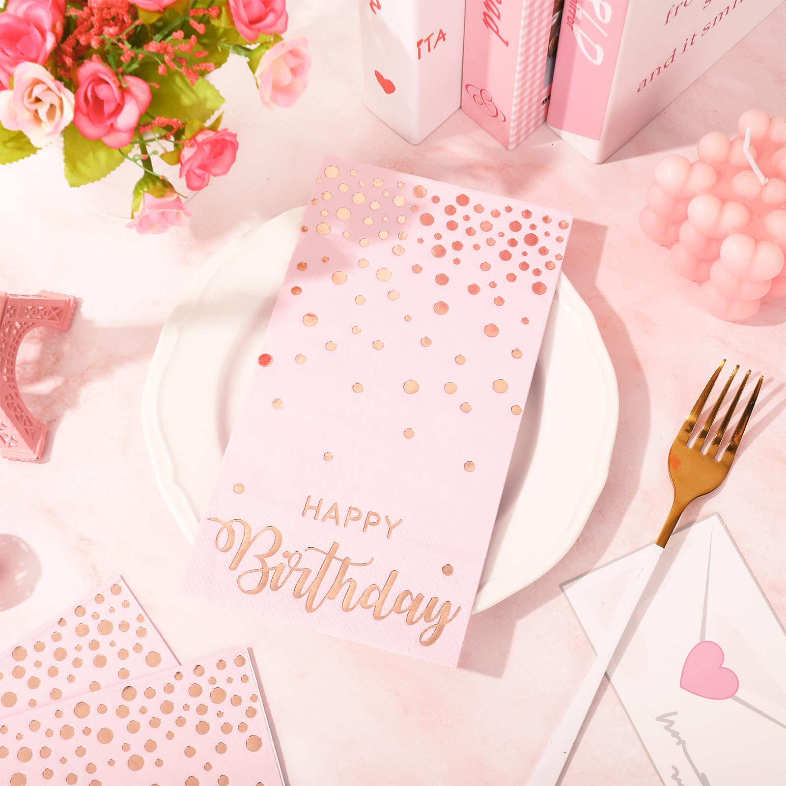 Jarthenaamcs 50Pcs Valentine'S Day Pink Happy Birthday Guest Napkins Rose Gold Foil Dots Birthday Disposable Paper Napkins Dinne