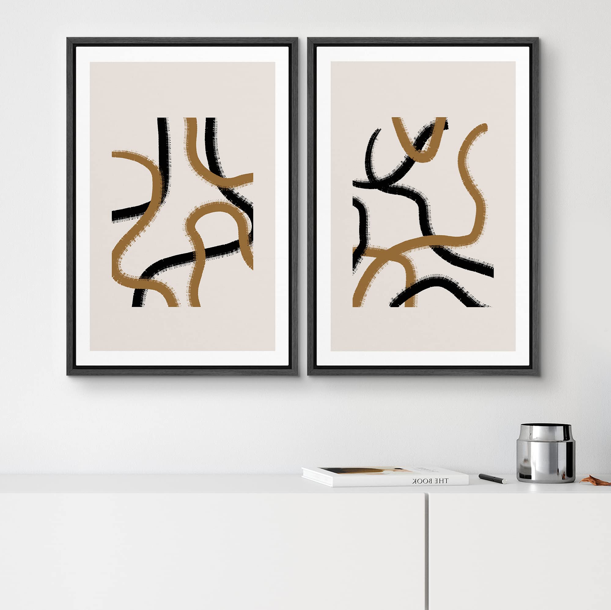 SIGNWIN Framed Wall Art Print Set Black and Brown Lines Over Tan Background Abstract Swirly Digital Art Modern Art Mid-Century Modern Expressive for Living Room  Bedroom  Office - 16''x24''x2 Black