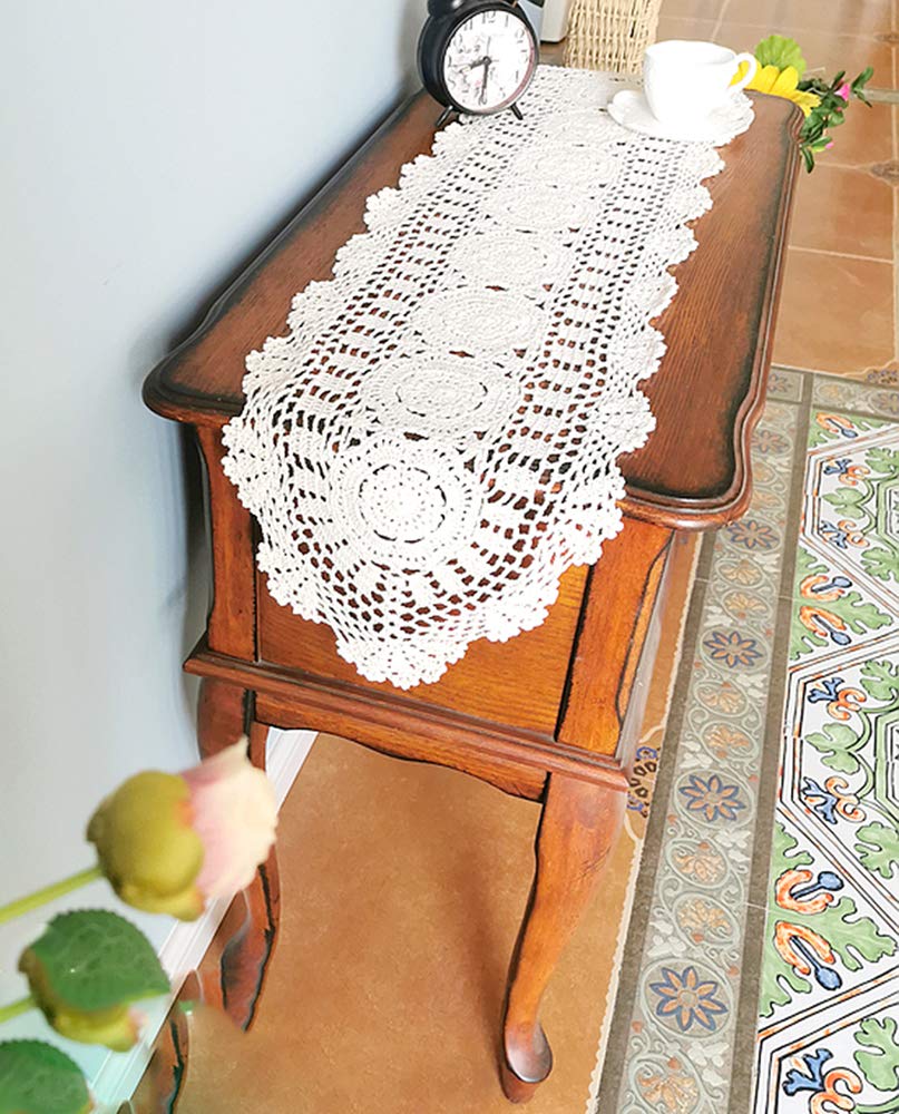 Hetao 12X35 100% Cotton Handmade Crochet Lace Table Runners Oblong Tablecloth Doilies Doily,White
