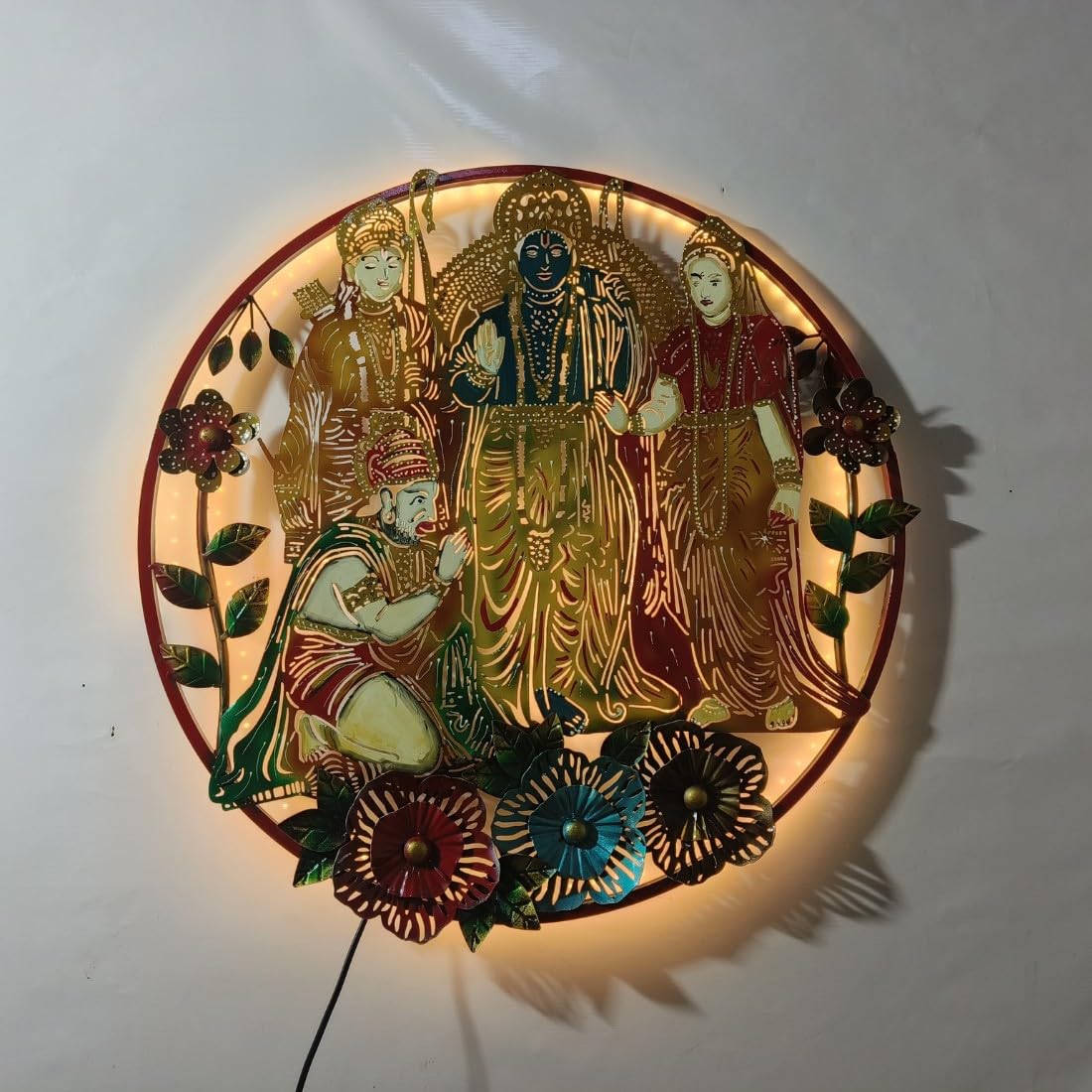 HANSART Metal Wall Art with LED, Depicting Shri Ram, Laxman, Sita and Hanuman (29 x 29 Inches)
