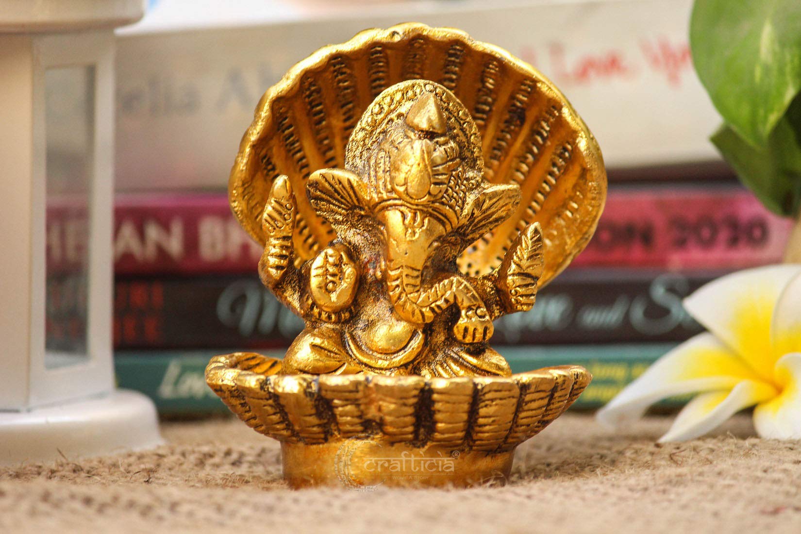 Crafticia Metal Lord Ganesh Statue Sitting In Seep Ganesha For Puja Showpiece (8 X 8 X 8.5 Cm, Golden), Gold, Medium
