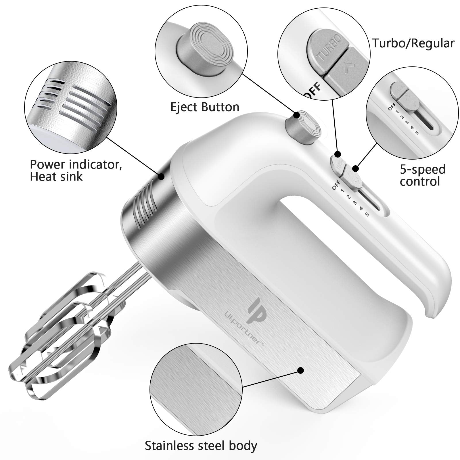 Hand Mixer Electric  450W Kitchen Mixers with Scale Cup Storage Case  Turbo Boost/Self-Control Speed + 5 Speed + Eject Button + 5 Stainless Steel Accessories  For Easy Whipping Dough Cream Cake