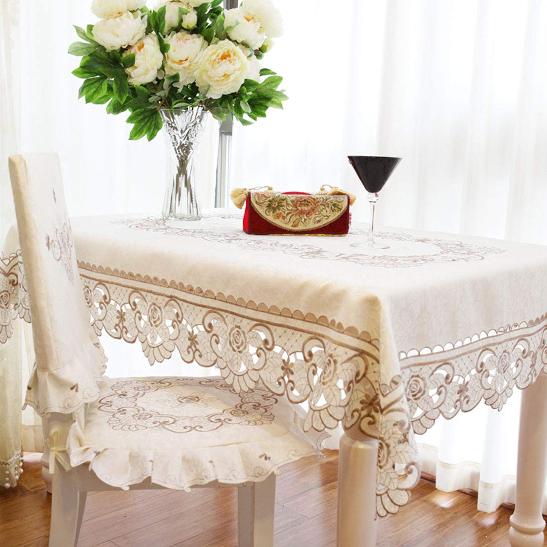 LeLehome 58 Inch x 86 Inch Brown Flower Rectangular Embroidered Classic Table Cloth, Lace Cream Beige Tablecloth for Dinning Kit
