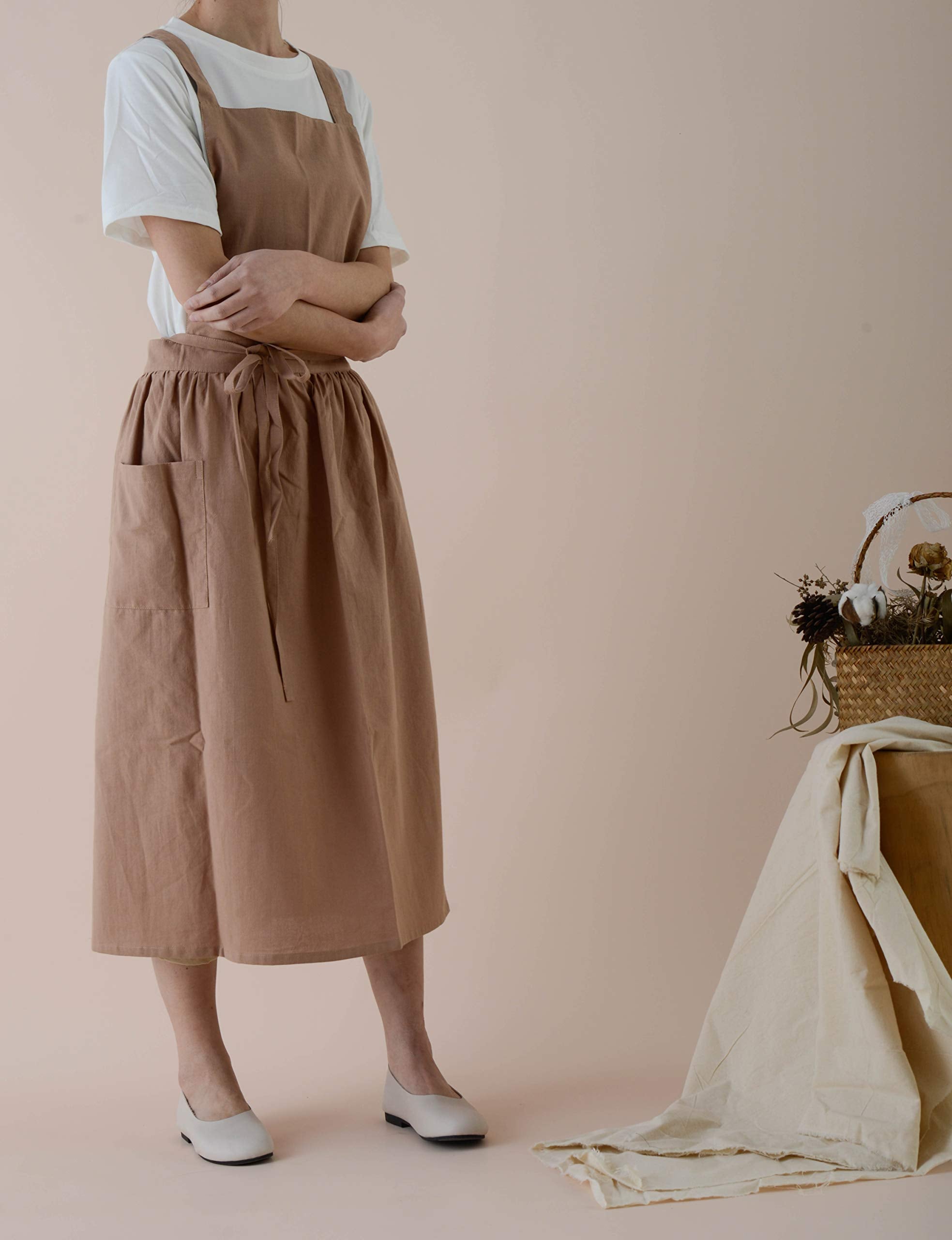Faduofa Cotton Linen Apron Japanese Style Waterproof Aprons With Pockets For Kitchen Cafe Flower Shop Smock (Light Brown)