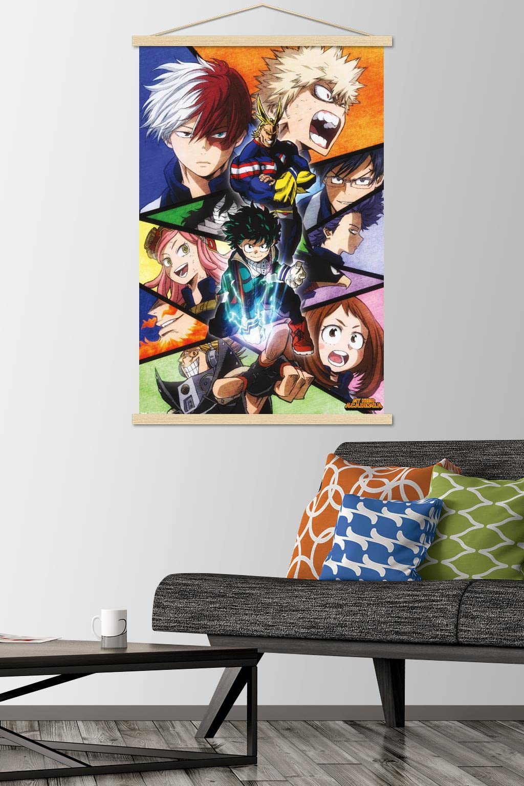 Trends International My Hero Academia - Faces Wall Poster, 22.37'' X 34.00'', Premium Print And Beechwood Hanger Bundle
