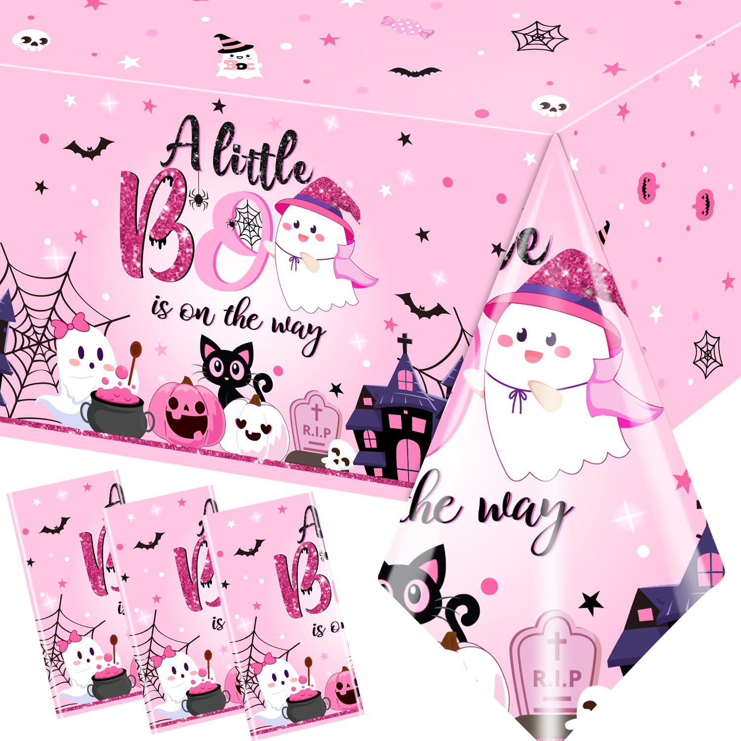 Grehumor 3Pcs A Little Boo Is On The Way Tablecloth A Little Boo Is On The Way Baby Shower Party Decorations Disposable Plastic