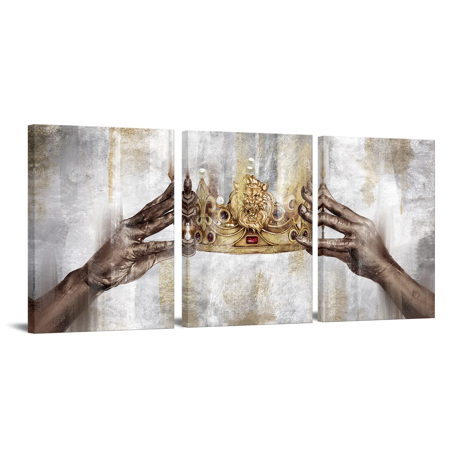 Apicoture King Queen Crown Wall Decor - Gold Grey Diadem Canvas Wall Art Decor Pictures Framed Living Room Bedroom Dressing Room