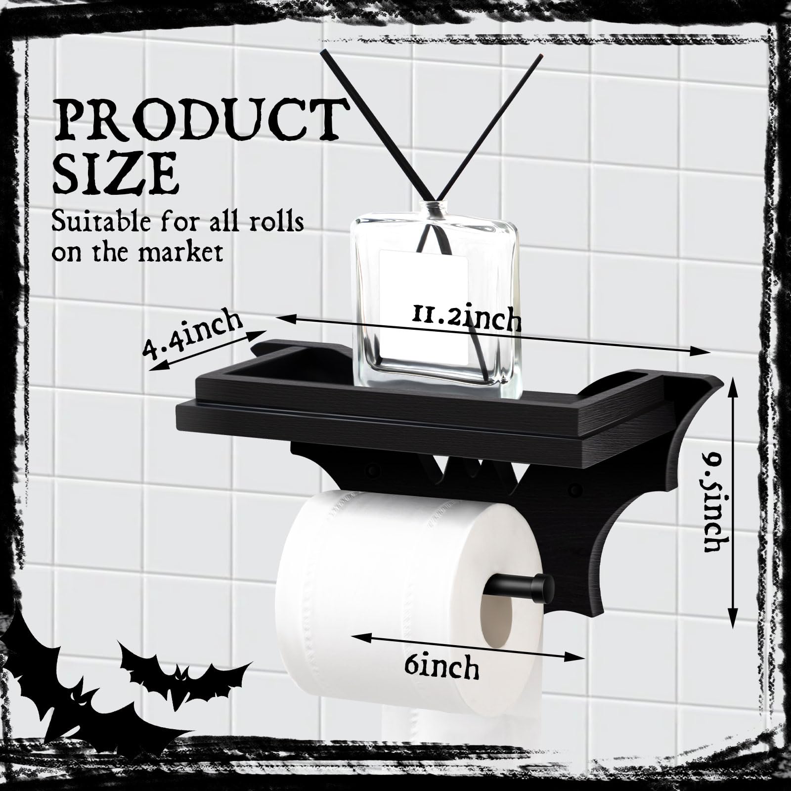 Chunful Bat Toilet Paper Holder With Shelf Gothic Wooden Black Paper Roll Holder Wall Mount Gothic Halloween Decor For Bathroom
