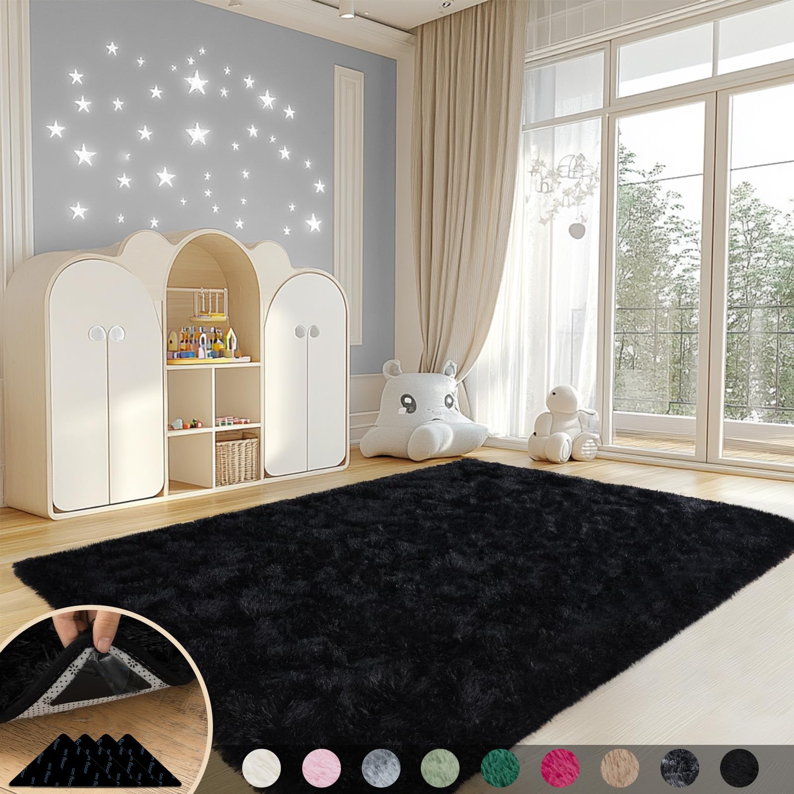Mugorn Black Rugs for Living Room, 4x6 Feet Large Fluffy Area Rugs for Bedroom, Soft Carpet Shag Kids Rug with 4 Non-Slip Rug Pa
