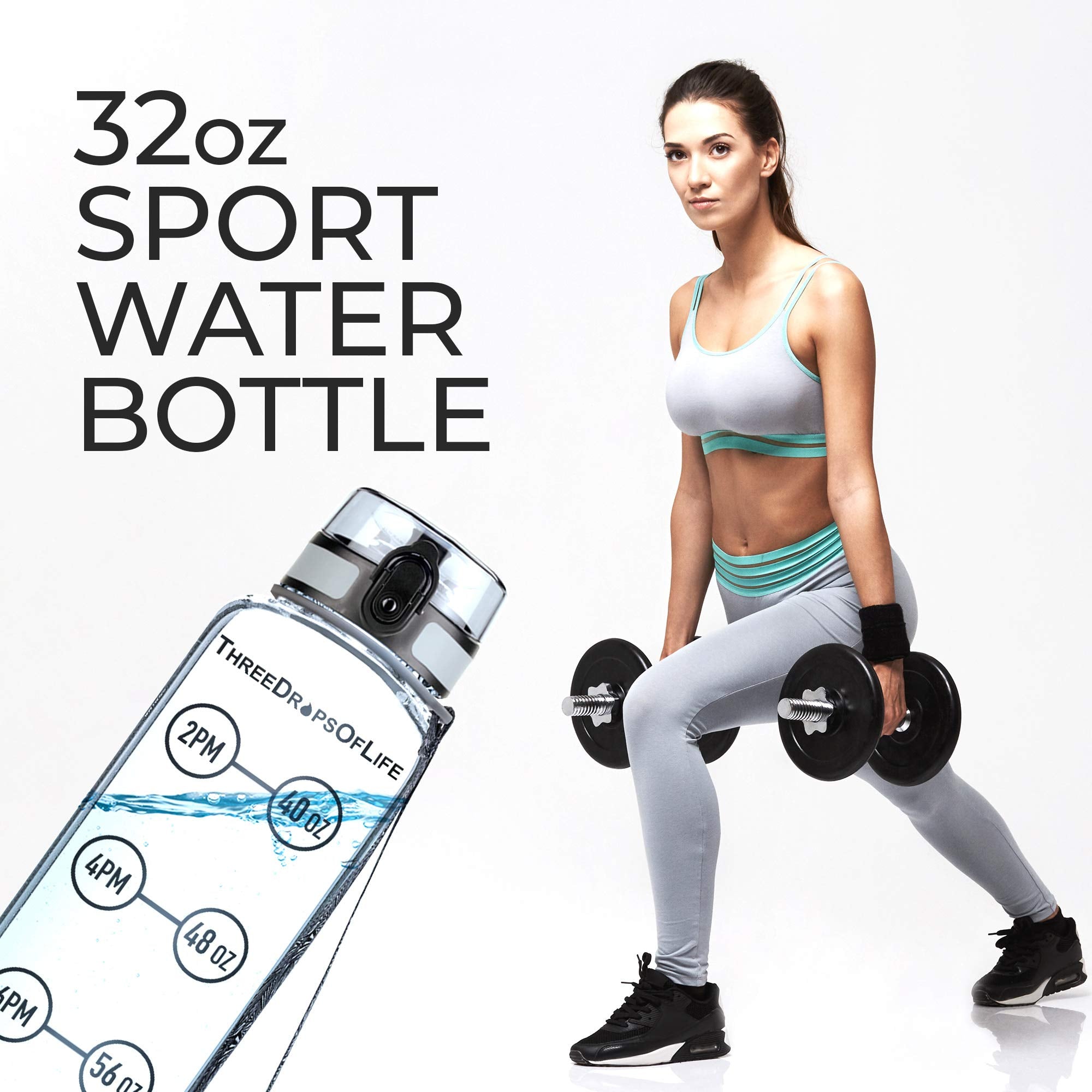 Three Drops Of Life Time Marked Water Bottle, Clear Sports Timed Water Bottle 32 Oz, Best For Measuring Water Intake, Tritan Bpa