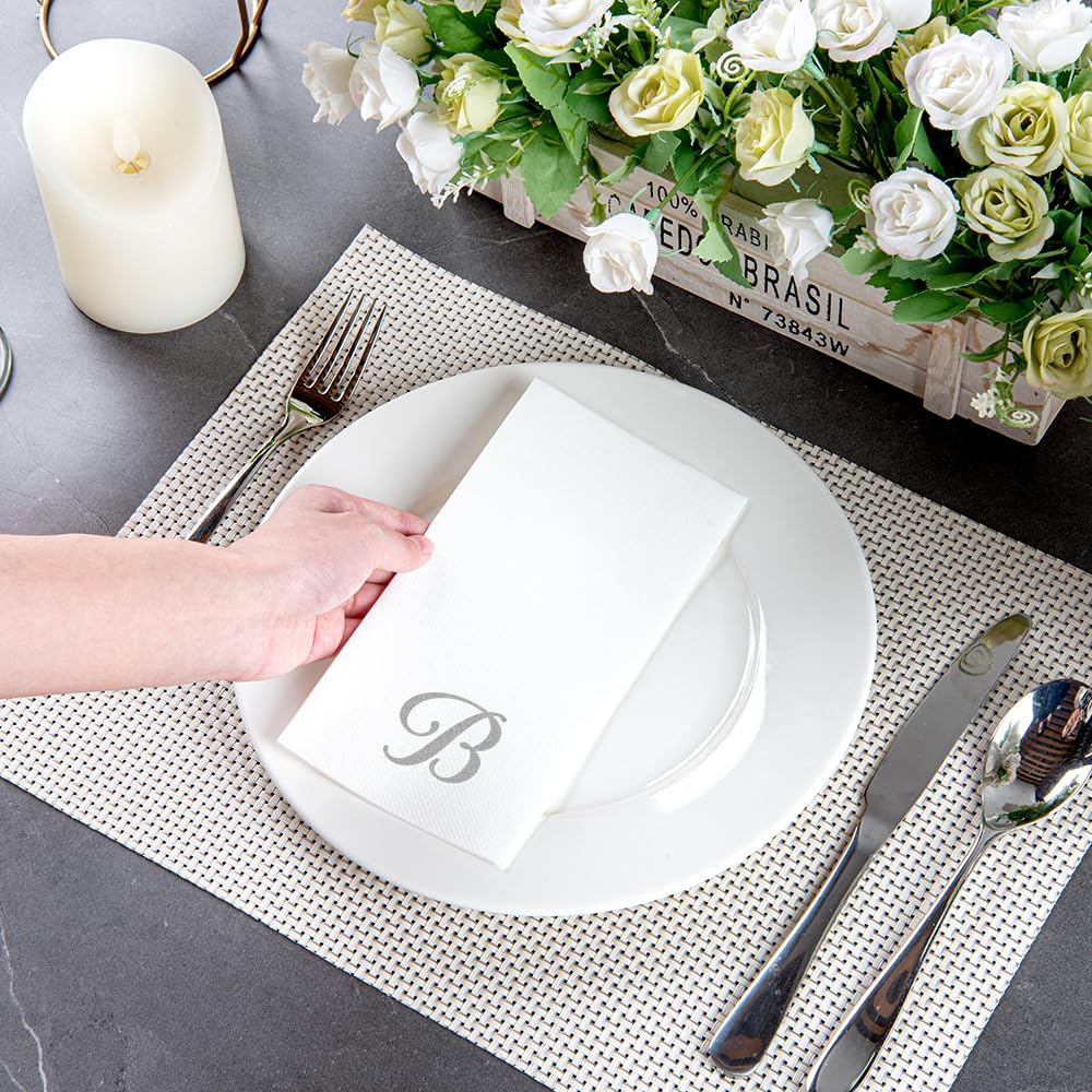 Luxenap 15.8 X 7.9 Inch Linen-Feel Guest Towels, 50 Lettered Hand Towels - Silver Letter 'B', Cursive Font, White Paper Dinner N