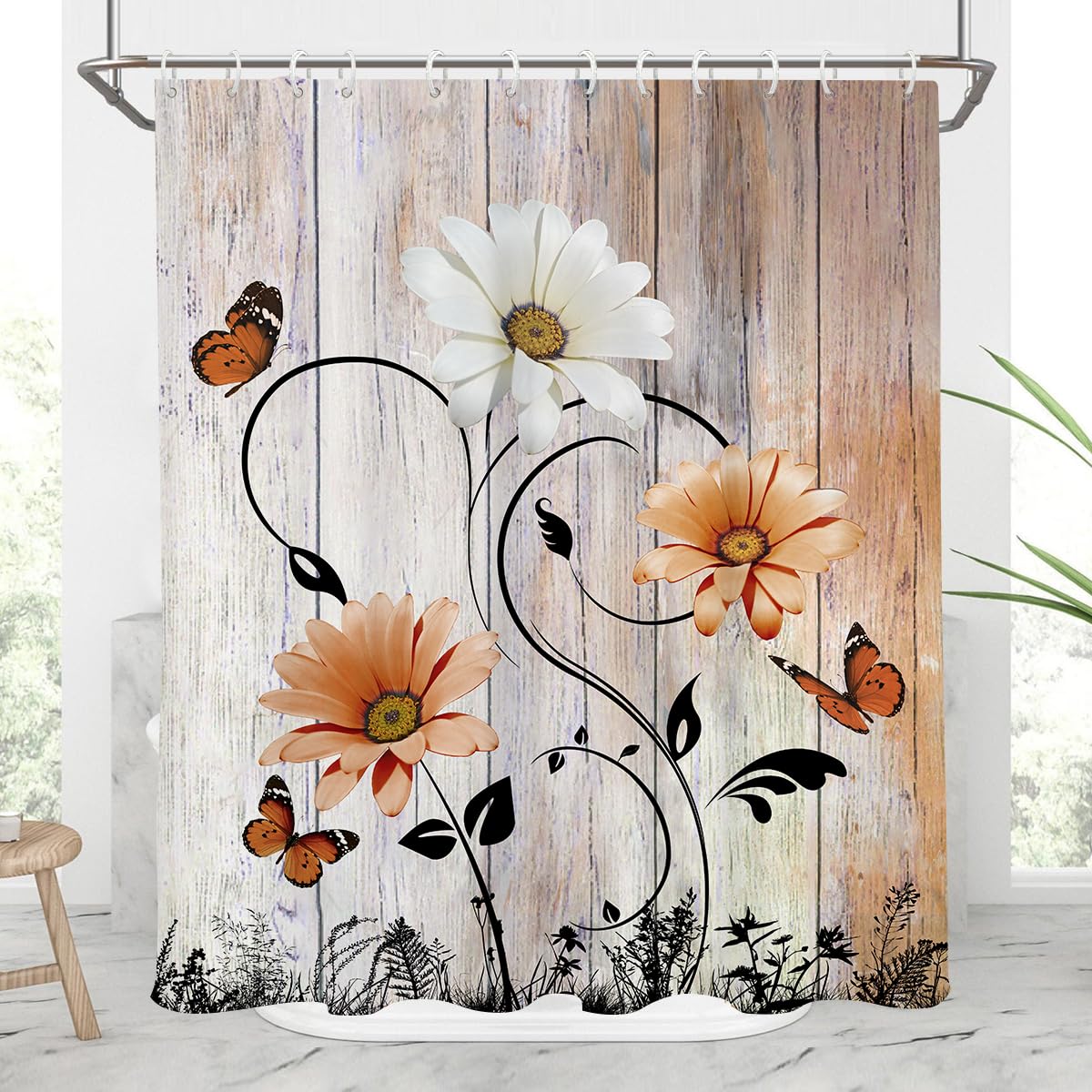 Aatter Burnt Orange Floral Shower Curtain Rustic Flower White Daisy Country Butterfly Vintage Terracotta Bright Polyester Home B