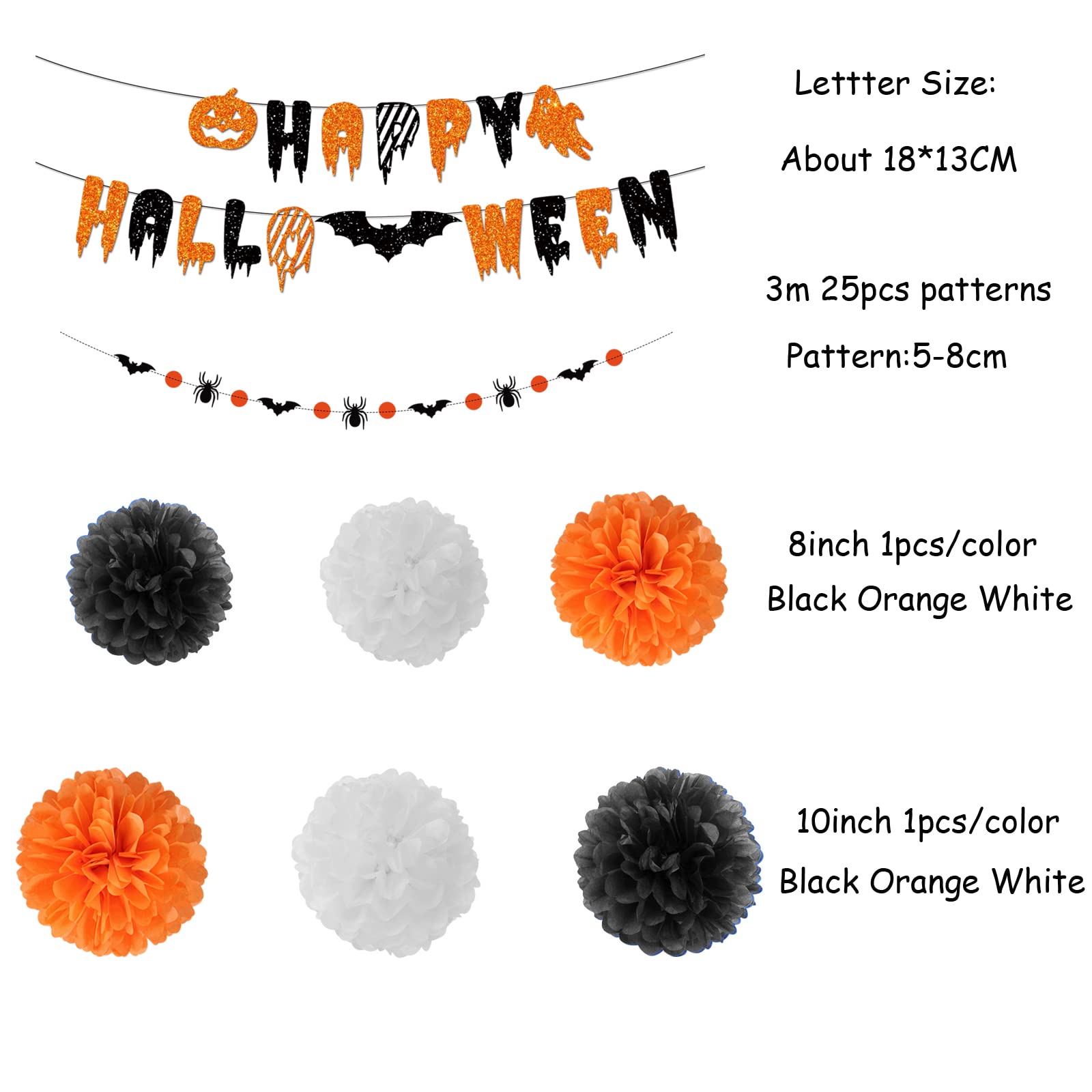 Black Orange White Halloween Party-Decorations - 8Pcs Kits Happy Halloween Banner, Tissue Flower Paper Pom Poms Streamers,Bat De