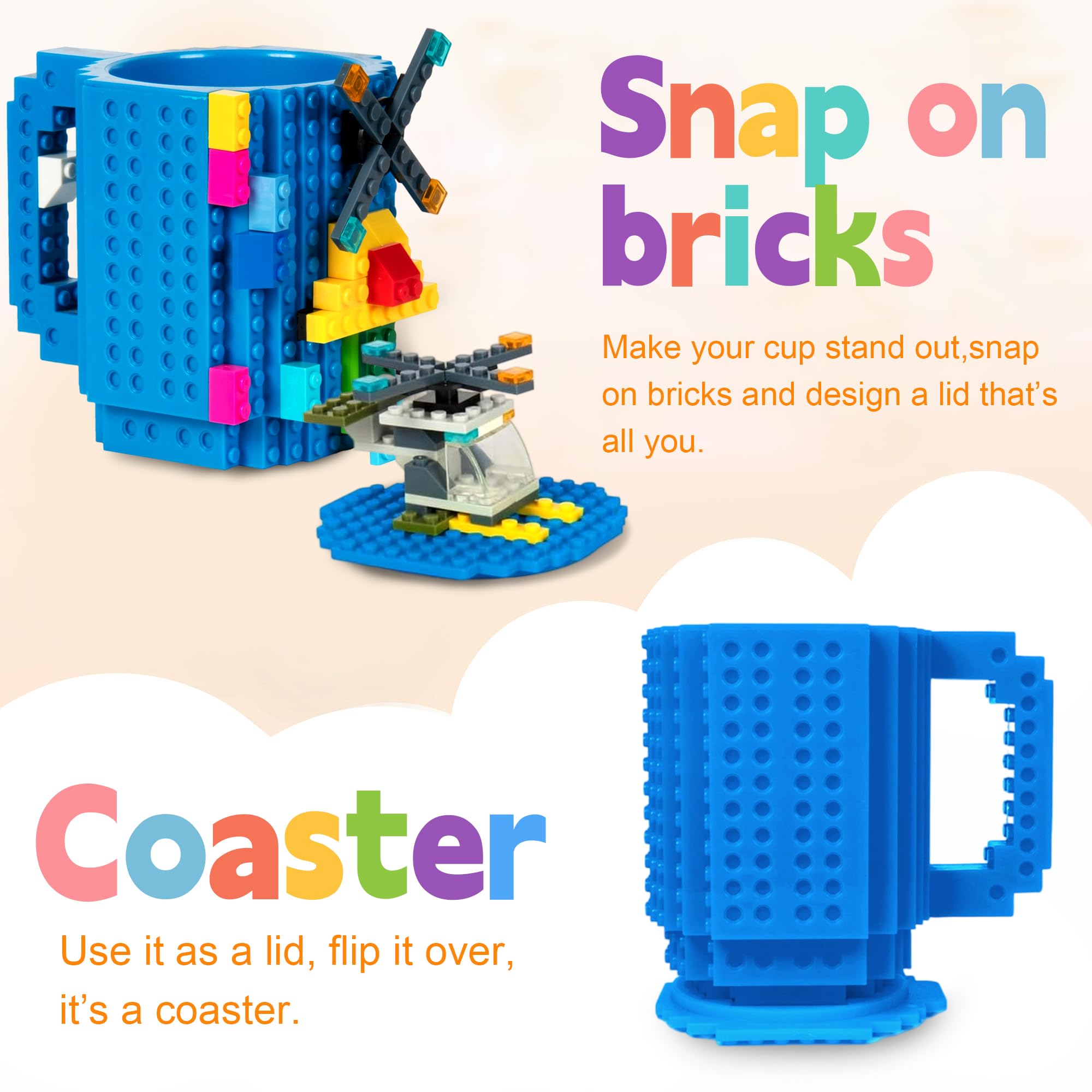 FUBARBAR Brick Coffee Mug - Funny Novelty Cup with Lid & Straw, Building Block Toy Mug, Gift Idea for Men/Women/Kids (Blue)