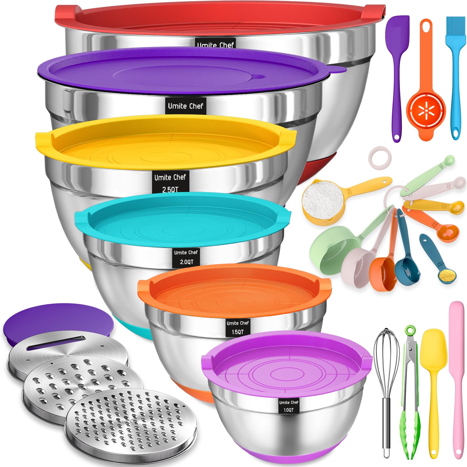 Umite Chef Mixing Bowls With Airtight Lids, 26Pcs Stainless Steel Bowls Set, 3 Grater Attachments & Colorful Non-Slip Bottoms Si