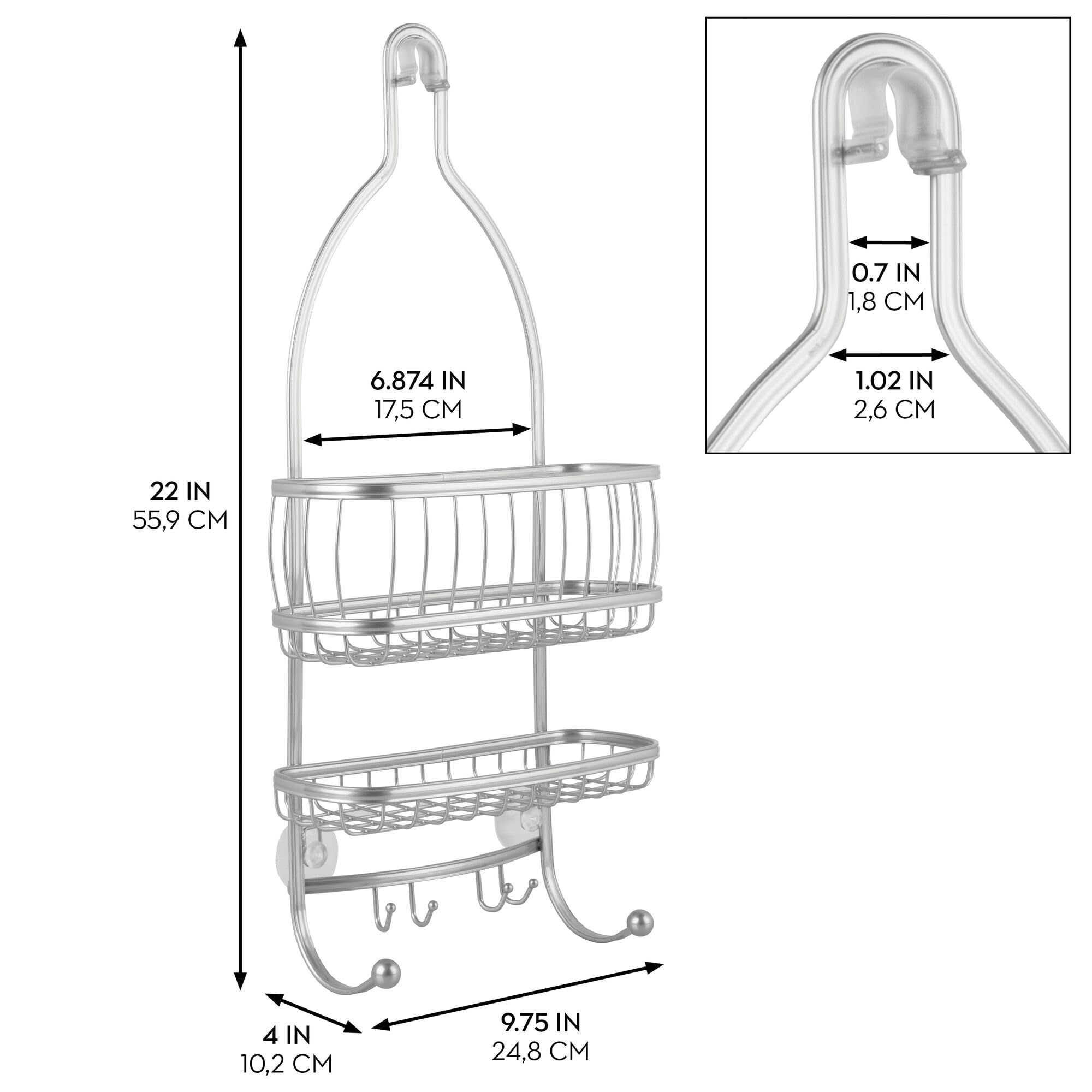 iDesign York Metal Wire Hanging Shower Caddy  Extra Wide Space for Shampoo  Conditioner  and Soap with Hooks for Razors  Towels  and More  10'' x 4'' x 22''  Satin Silver