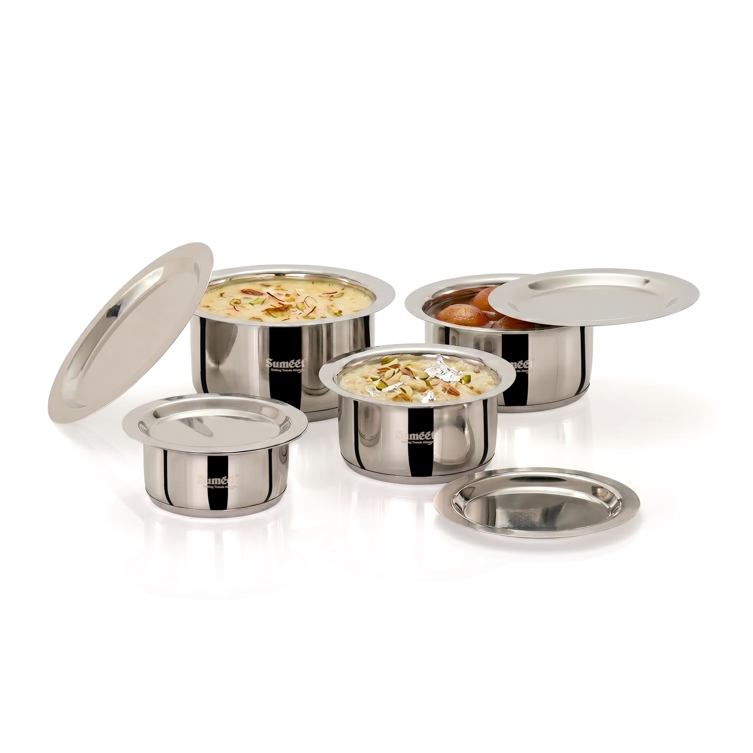 Sumeet Isi Certified Induction Bottom (Encapsulated Bottom) Induction & Gas Stove Friendly Small Container Set Tope Cookware Set Of 4Pcs With Lid - 350Ml  550Ml  750Ml  950Ml - Silver